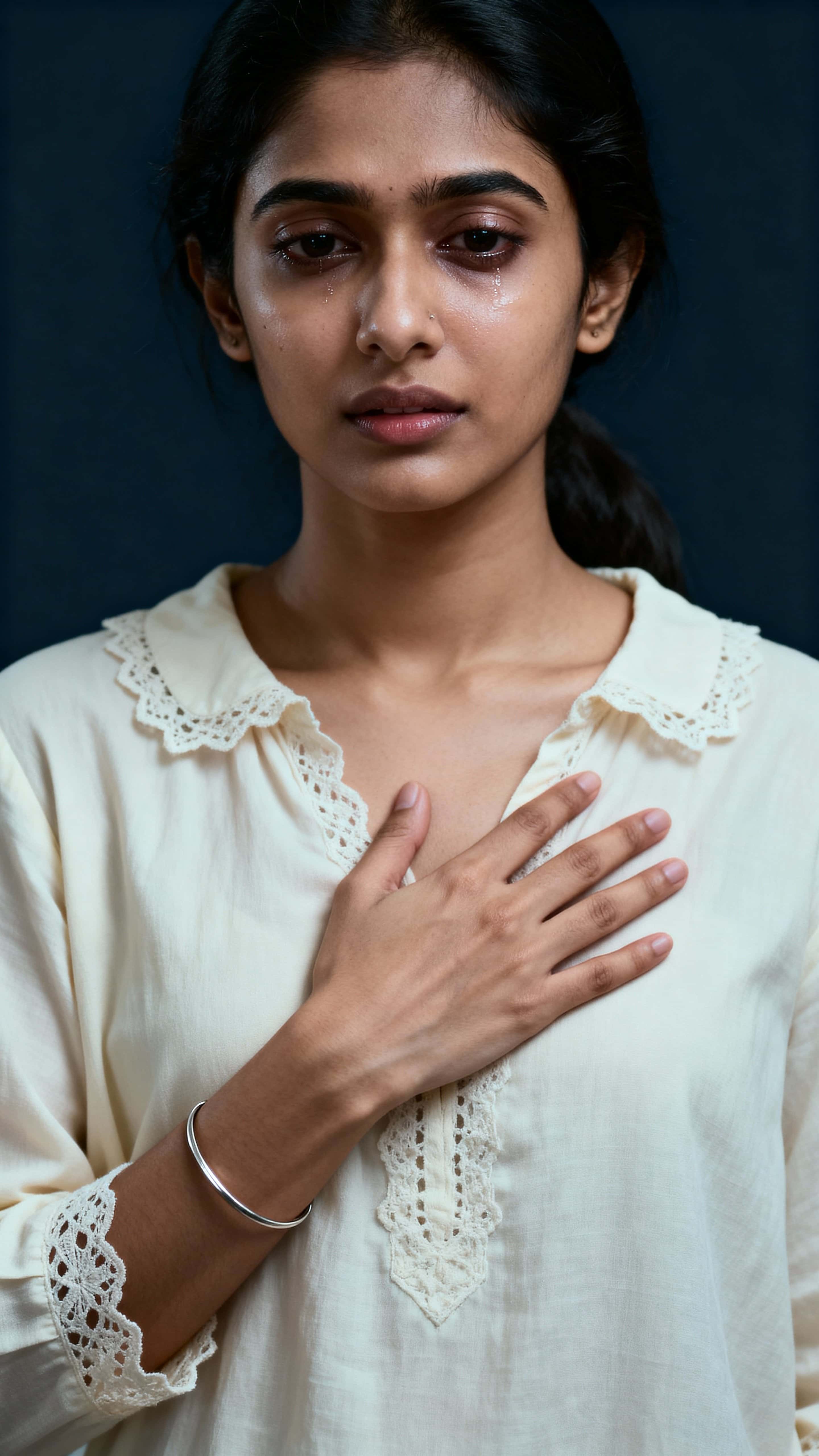 An intimate chest-up studio portrait of a 29-year-old Indian woman with alabaster skin and dark hair, wearing a cream lace blouse and silver bracelet, hand over her heart against midnight navy.