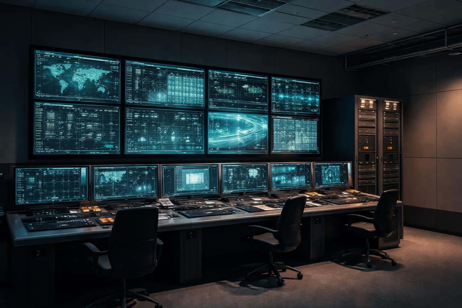 A 3:2 architectural interior photograph of an industrial command center showing live production metrics on screens, with cinematic low-key lighting and precise framing for posters.