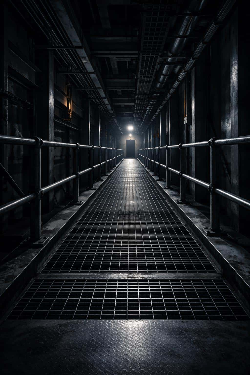 Industrial corridor in vertical 2:3 architectural photography emphasizing strong leading lines, deep perspective, metal textures and directional lighting.