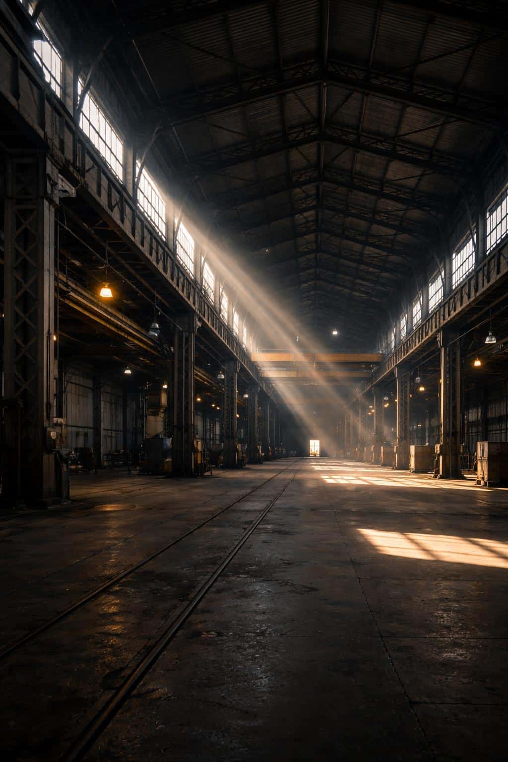 Wide industrial hall photographed as an architectural interior scene with dramatic shafts of light cutting through dust, composed for a tall 2:3 poster format.