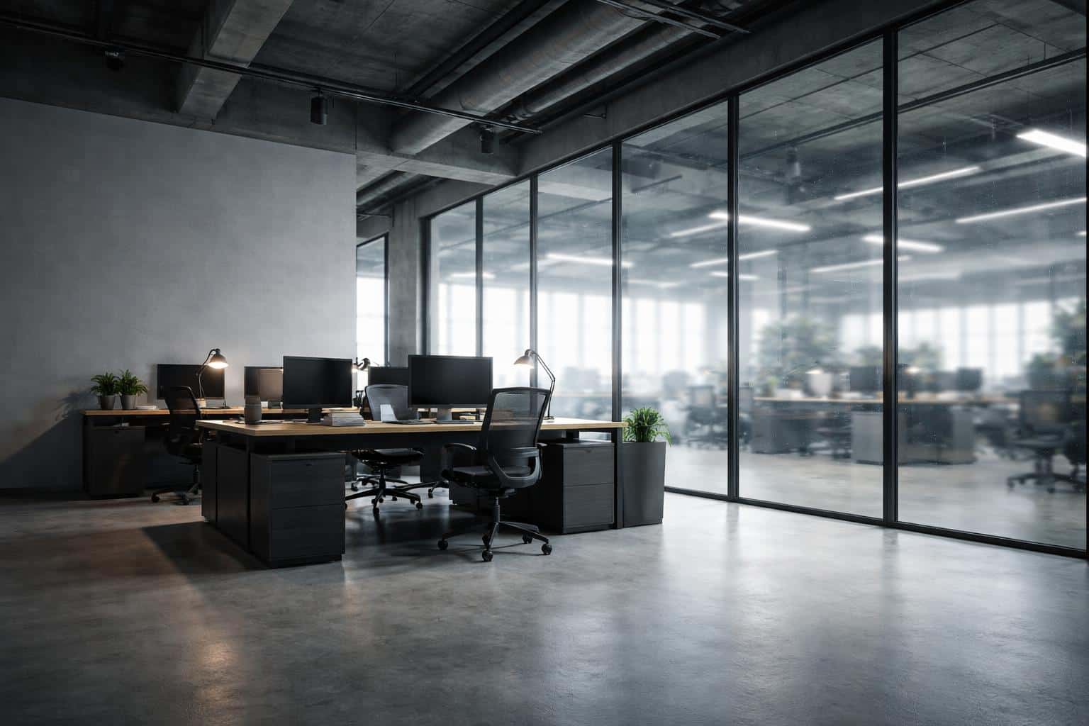 A composed architectural photograph of an industrial office interior with a full-height glass wall revealing out-of-frame production activity, designed for poster use.