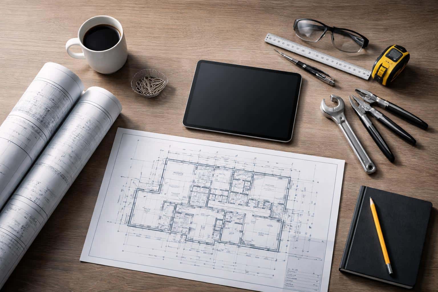 Editorial product photo of an industrial planning desk with blueprints, a tablet, and hand tools arranged within a 3:2 frame for poster-cover or wallpaper use.
