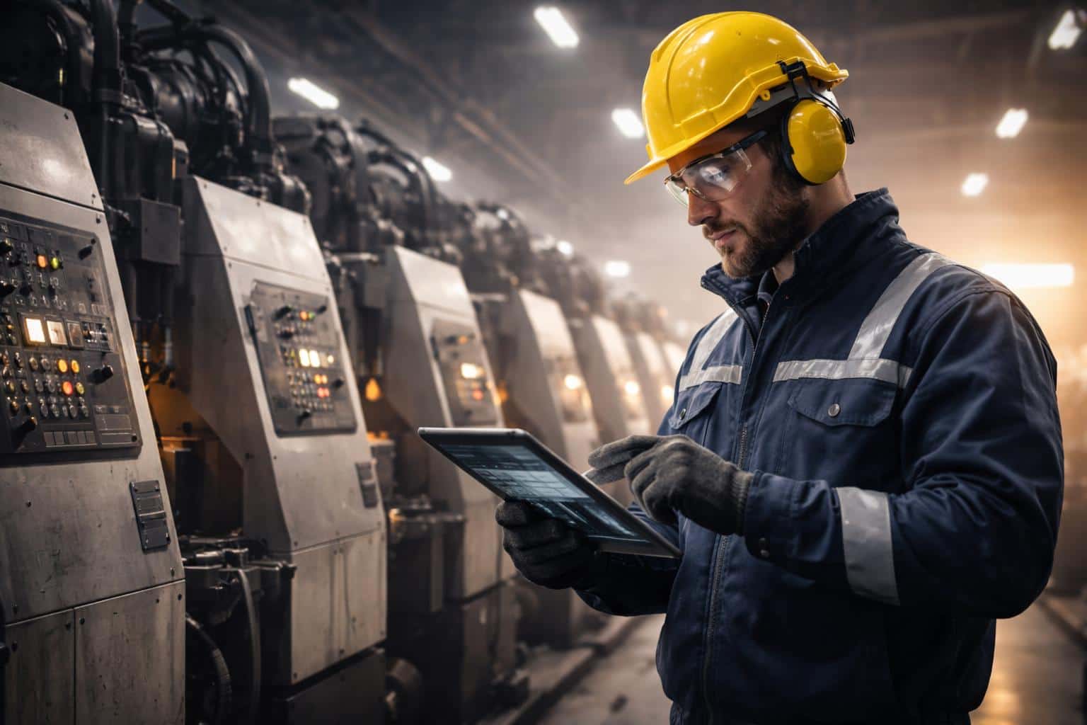 Portrait of an industrial worker monitoring heavy machinery on a tablet in an editorial photography style, composed as a 3:2 poster-cover image with clean industrial mood.