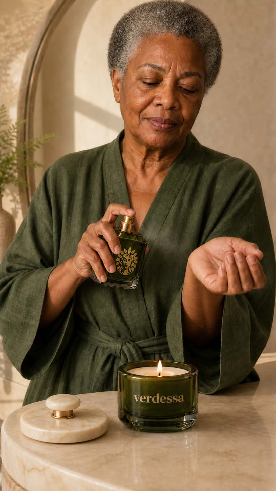 A multi-reference AI composition prompt stages a consistent older persona applying Verdessa fragrance beside a low branded candle, followed by a precise image-editing prompt that corrects the detached lid while preserving the scene.