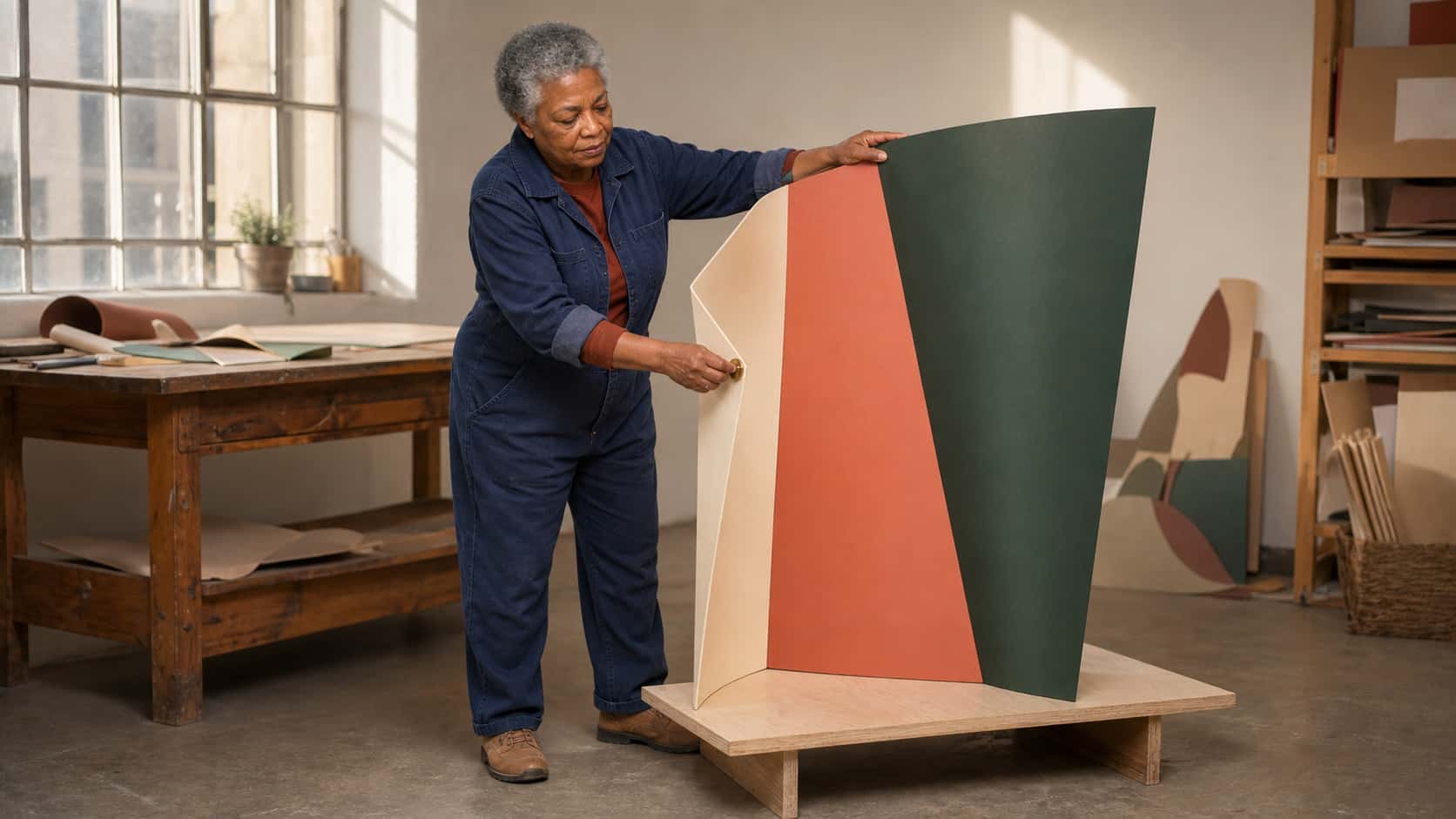 A wide studio scene tests Inez’s identity, body proportions, hands, wardrobe change, and physical interaction with a three-panel sculpture.