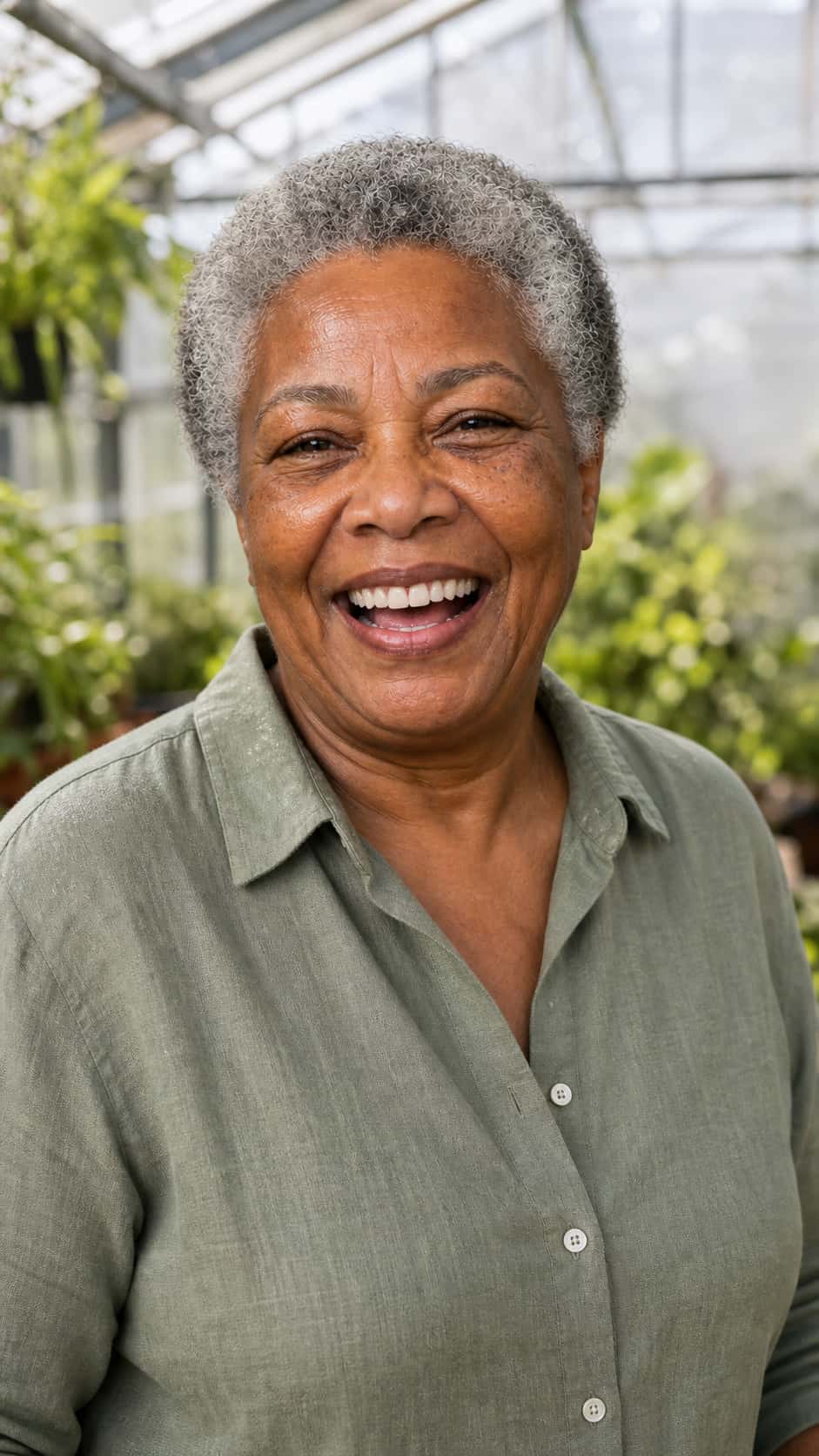 A candid greenhouse portrait tests whether an expressive laugh preserves Inez’s age, facial structure, skin detail, and silver coils.