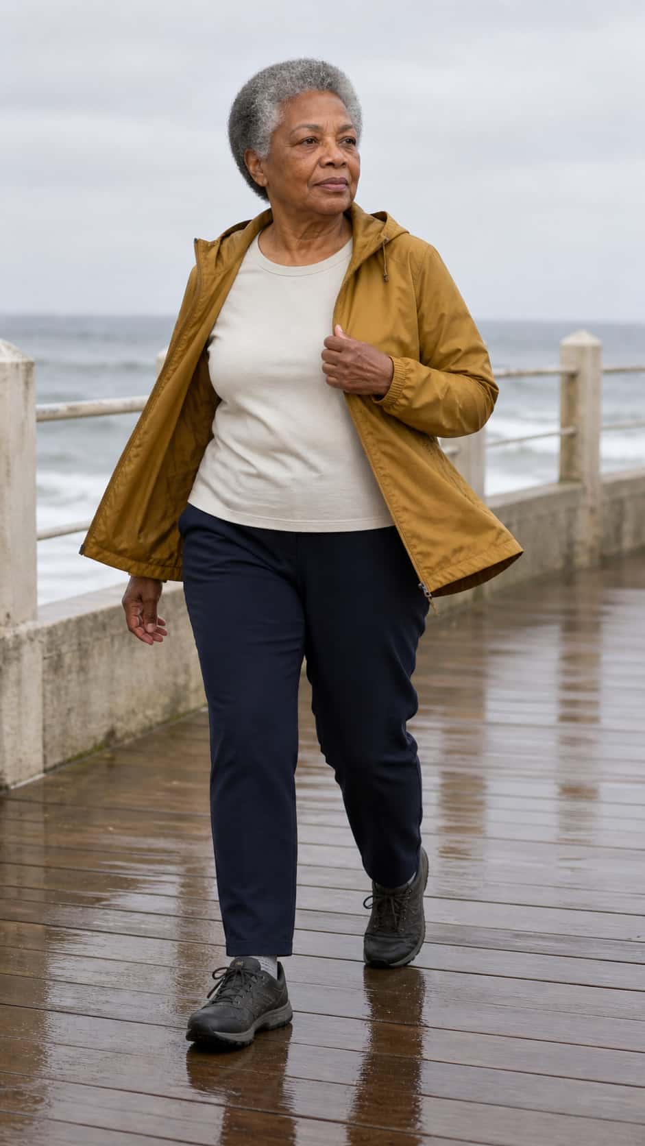 A full-body walking scene tests Inez’s sturdy proportions, natural older-adult gait, recognizable face, and short silver hair in wind.