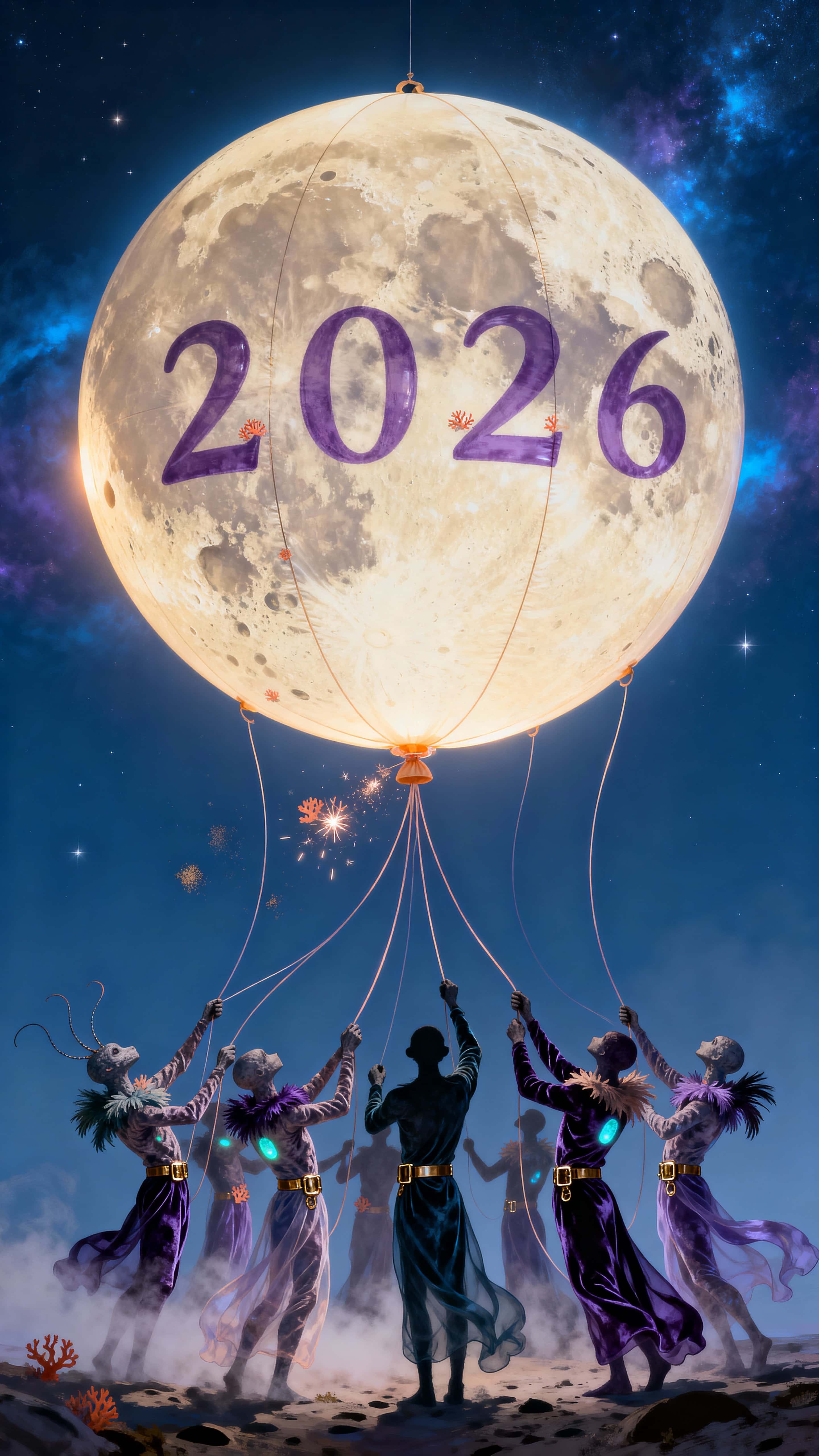 Vertical digital painting of a giant moon inflating like a balloon, held by surreal creatures tugging strings, its craters morphing into the digits 2026, eerie and wondrous.