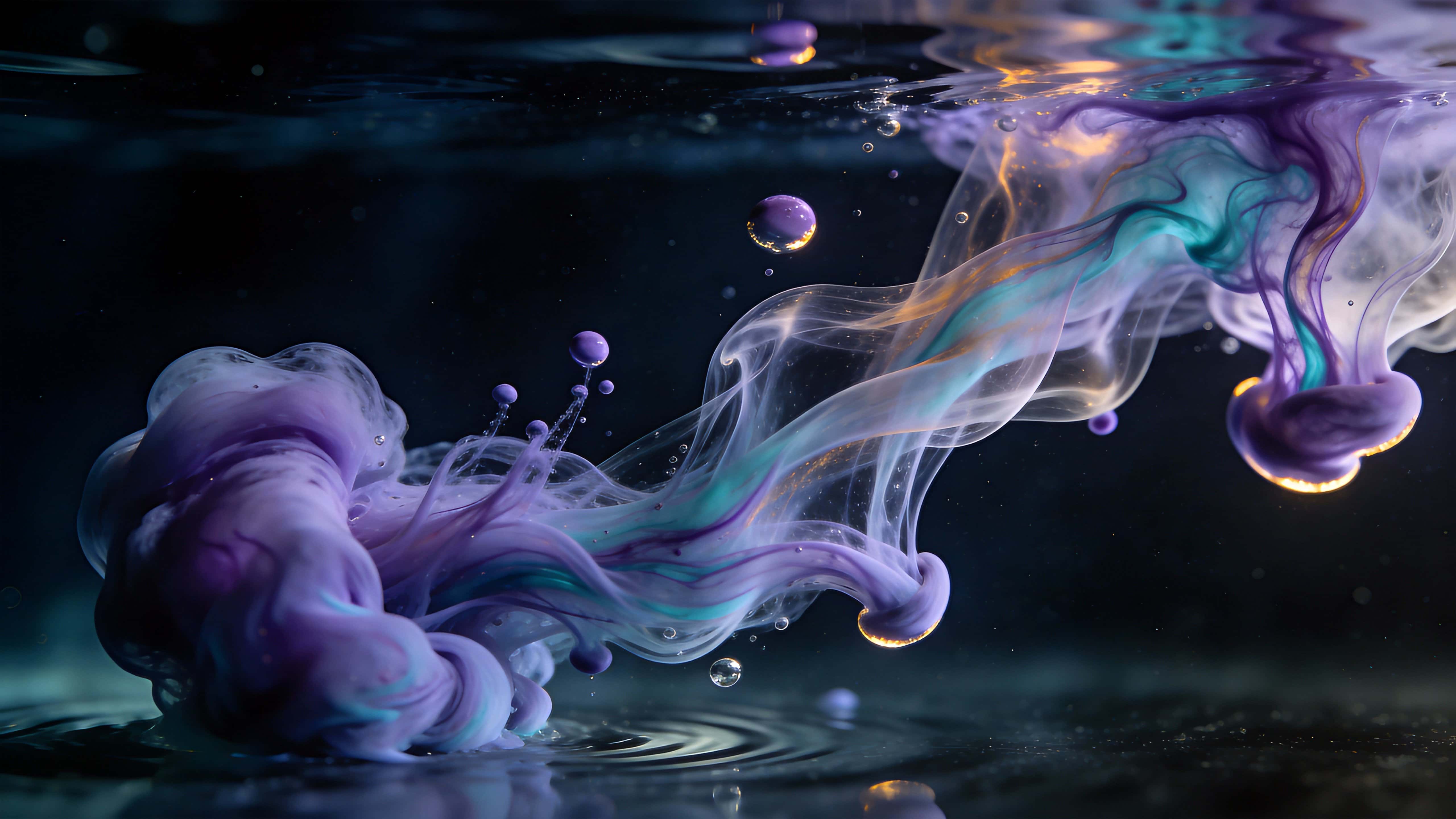 Close-up abstract photography of liquid ink swirling in water, composed for a 16:9 wallpaper with balanced negative space and rich contrast for a serene, ethereal feel.