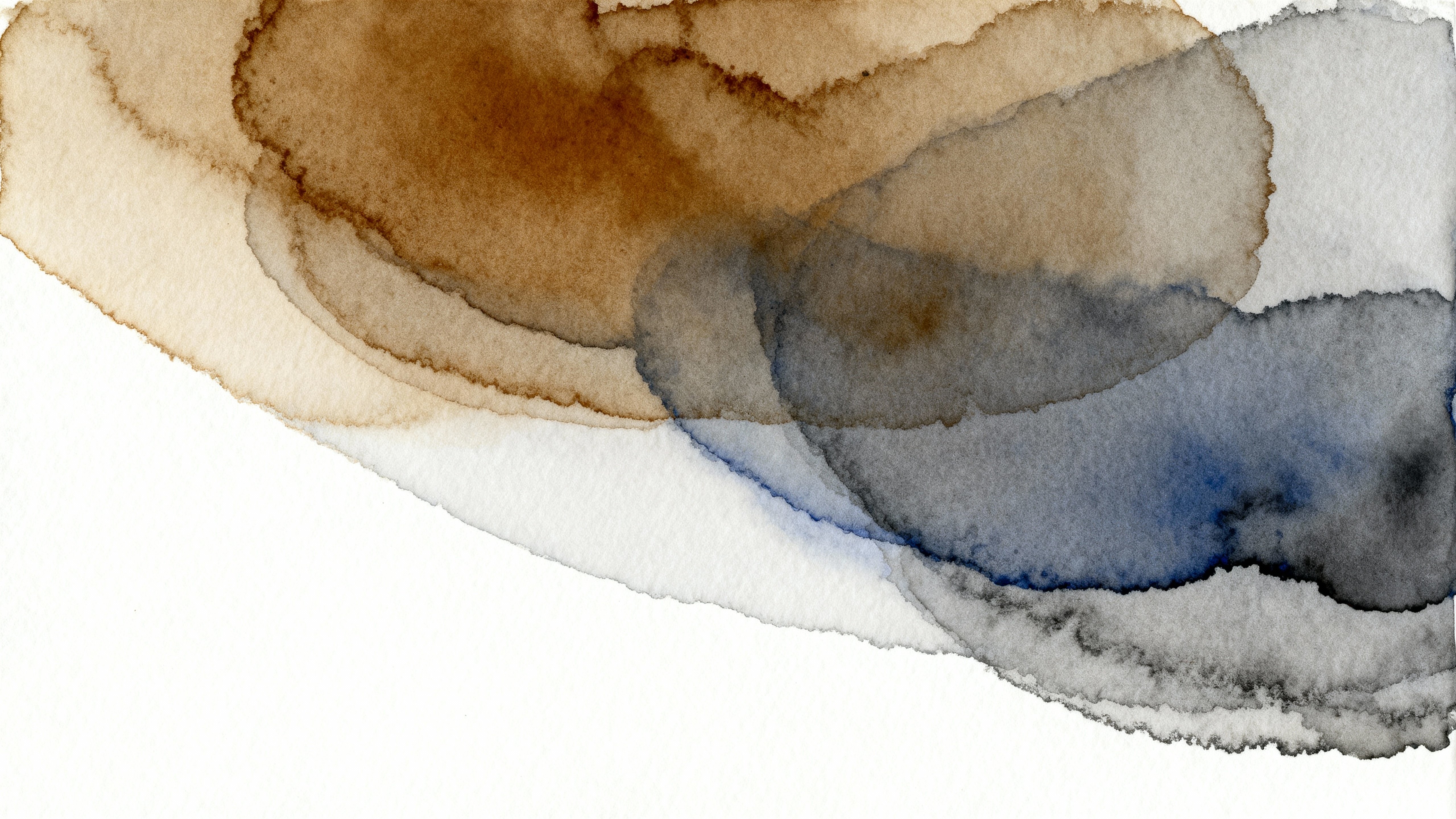 Ink and watercolor washes across cold-pressed paper, chestnut, indigo and smoke-gray pigments feather and pool into translucent overlaps, sweeping diagonals leave a calm empty corner with generous white margins.