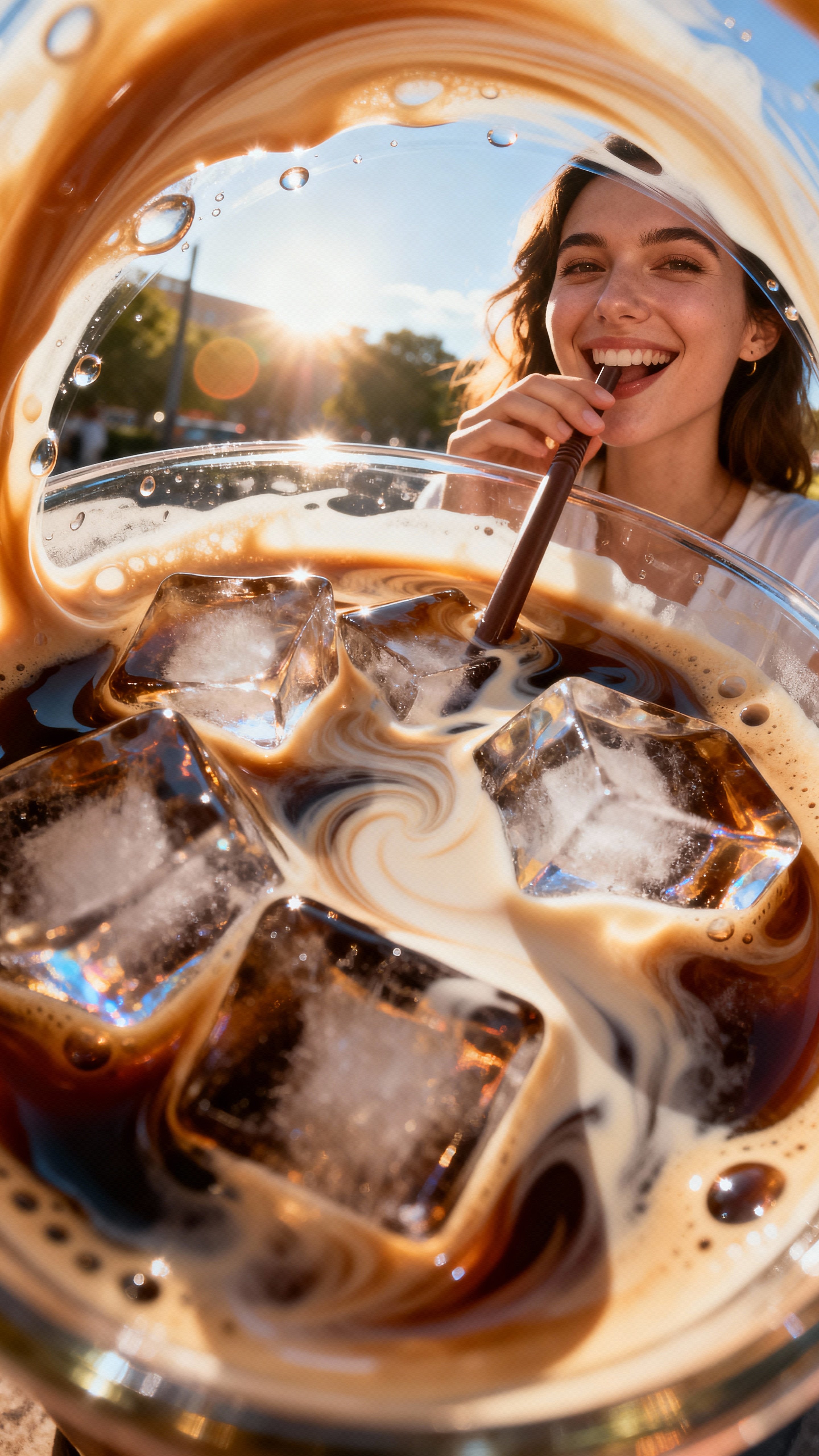 Surreal fisheye view from inside an iced latte: the viewer is a piece of ice looking outward through melting ice cubes, swirling coffee and cream layers. No glass rim visible—only liquid, ice, and a straw framing the scene. Outside thedrink