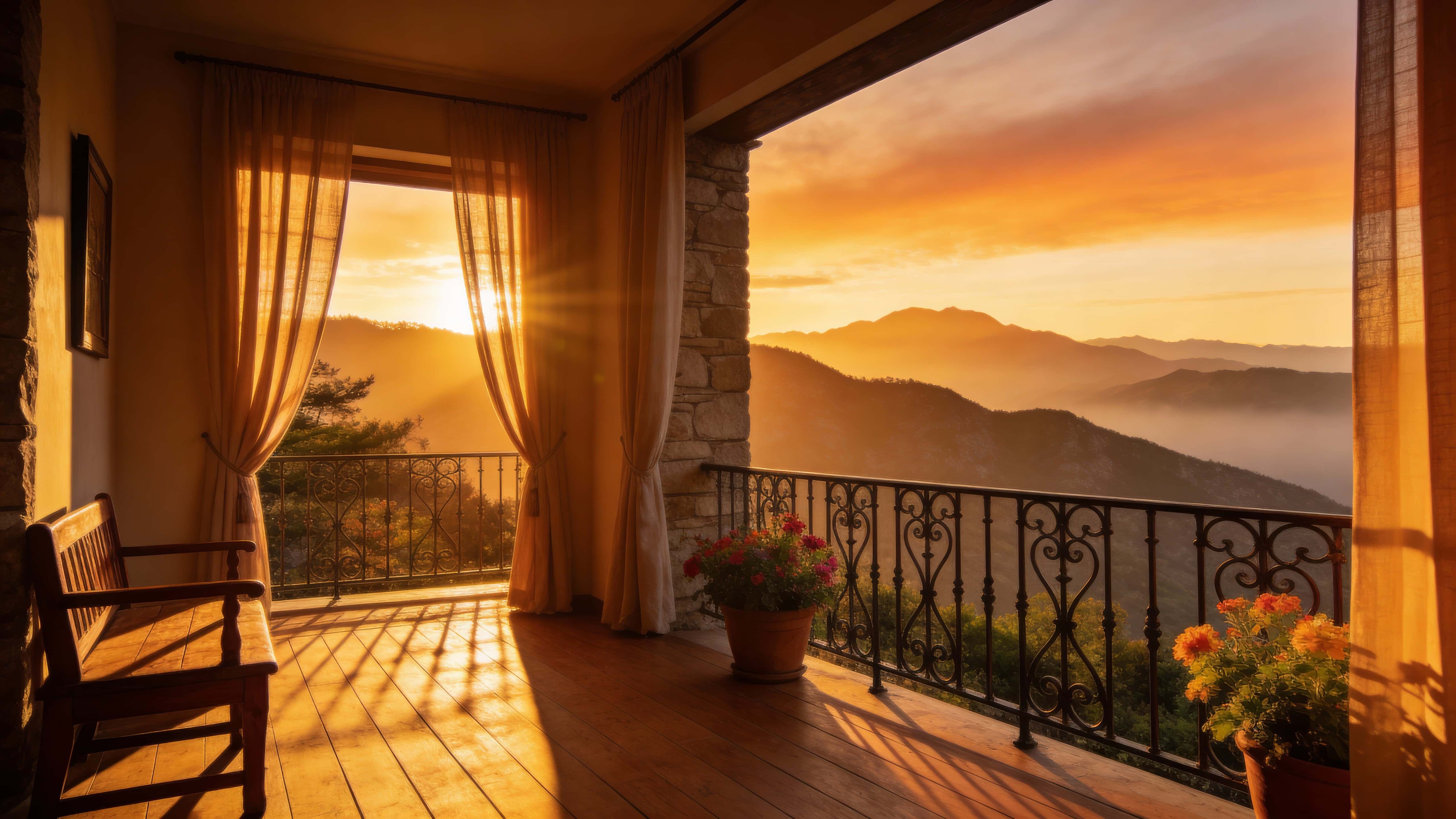 A photorealistic interior balcony scene in 16:9 showing a furnished balcony overlooking layered mountains at sunset with warm directional light, realistic shadows, cinematic depth, and atmospheric haze.