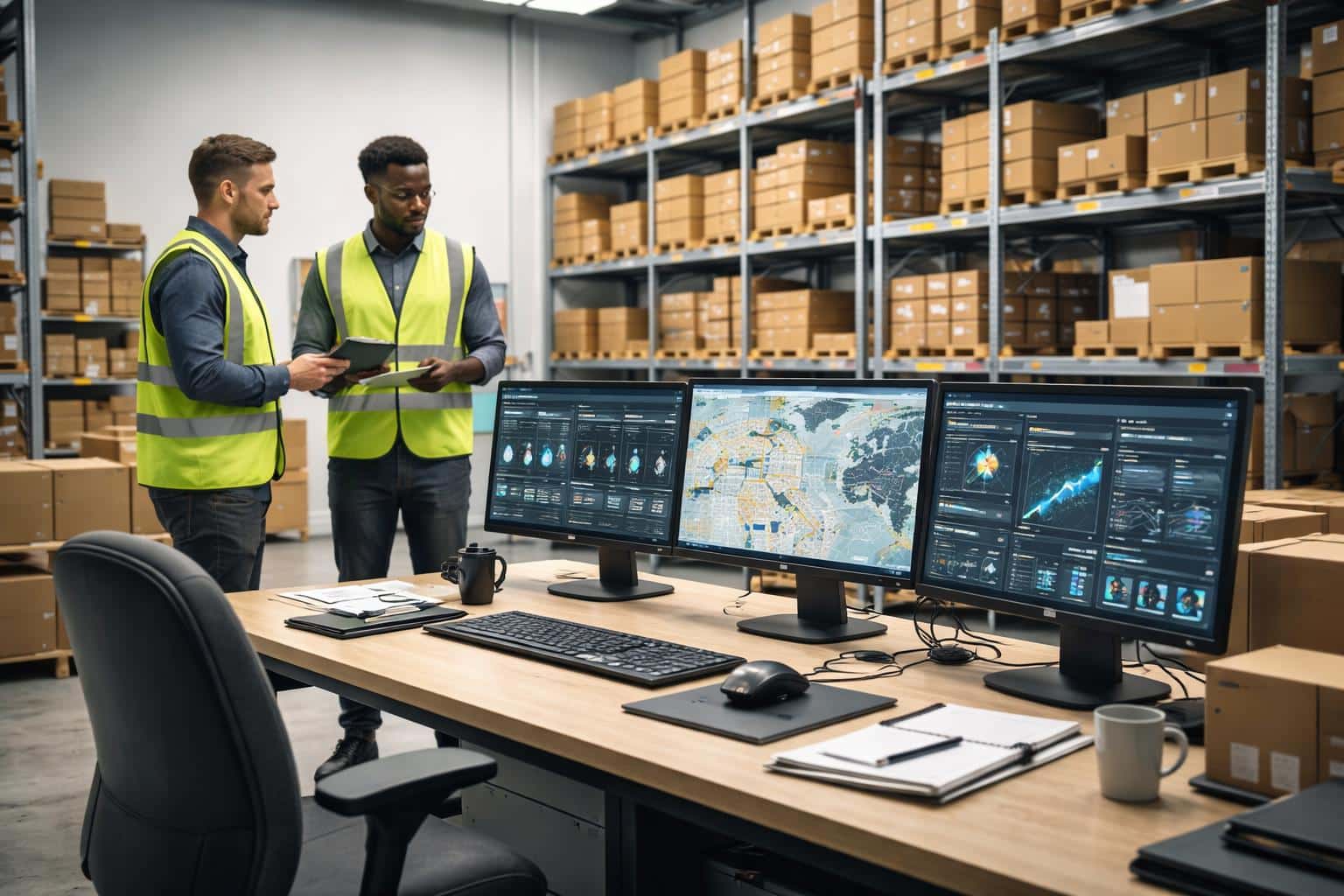 Documentary-style interior photograph of an inventory management room with live tracking screens, organized shelving and staff workflow cues, composed for a 3:2 poster.