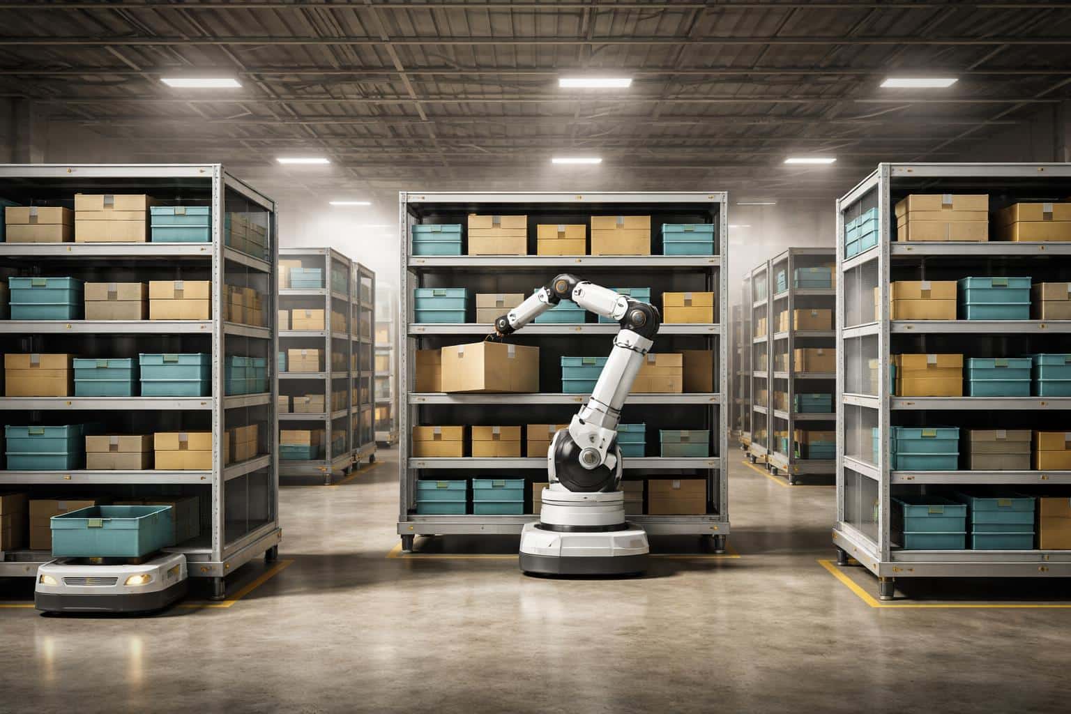 A photoreal 3D-render of automatic shelves rearranging in a 3:2 framed warehouse scene, with robotic arms and visible motion for a poster-cover layout.