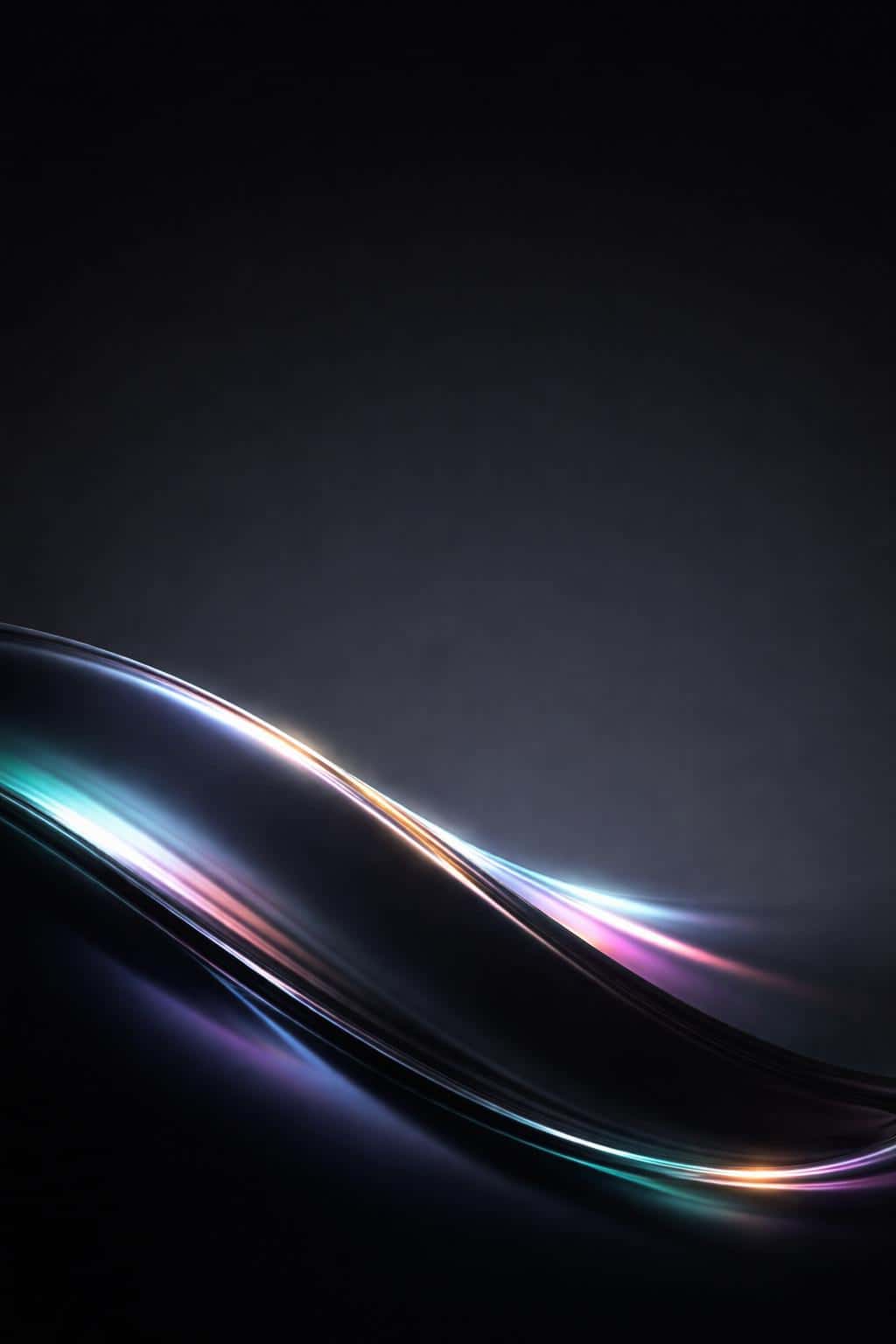 Iridescent curved form occupies the lower-left of a 2:3 frame, sweeping diagonally across a deep charcoal field with a glossy, subtly micro-textured surface and thin rainbow rim highlights.