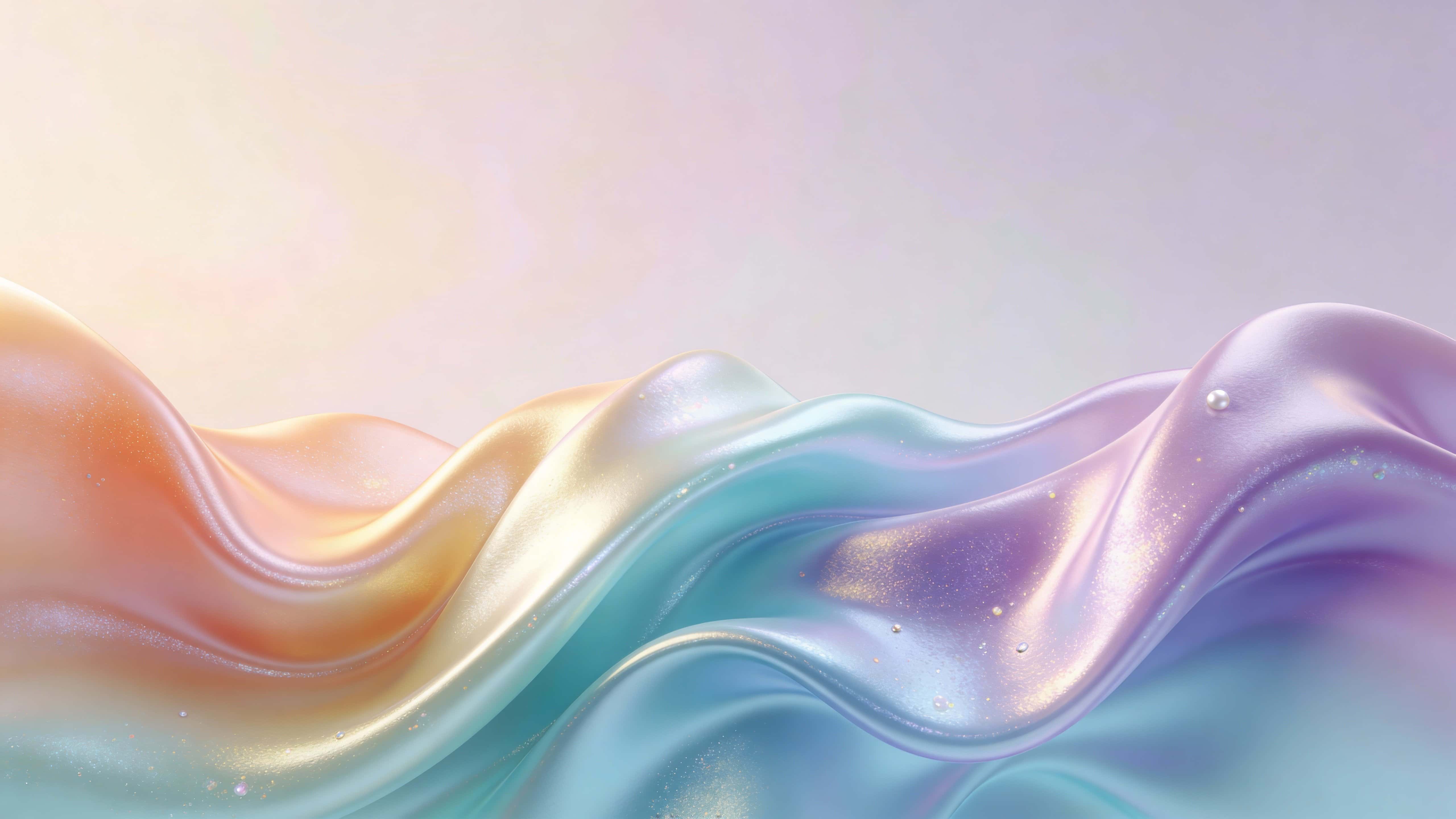 Iridescent fluid forms drift across a 16:9 pastel gradient, glossy folds occupying the central and right areas with soft luminous negative space to the left.