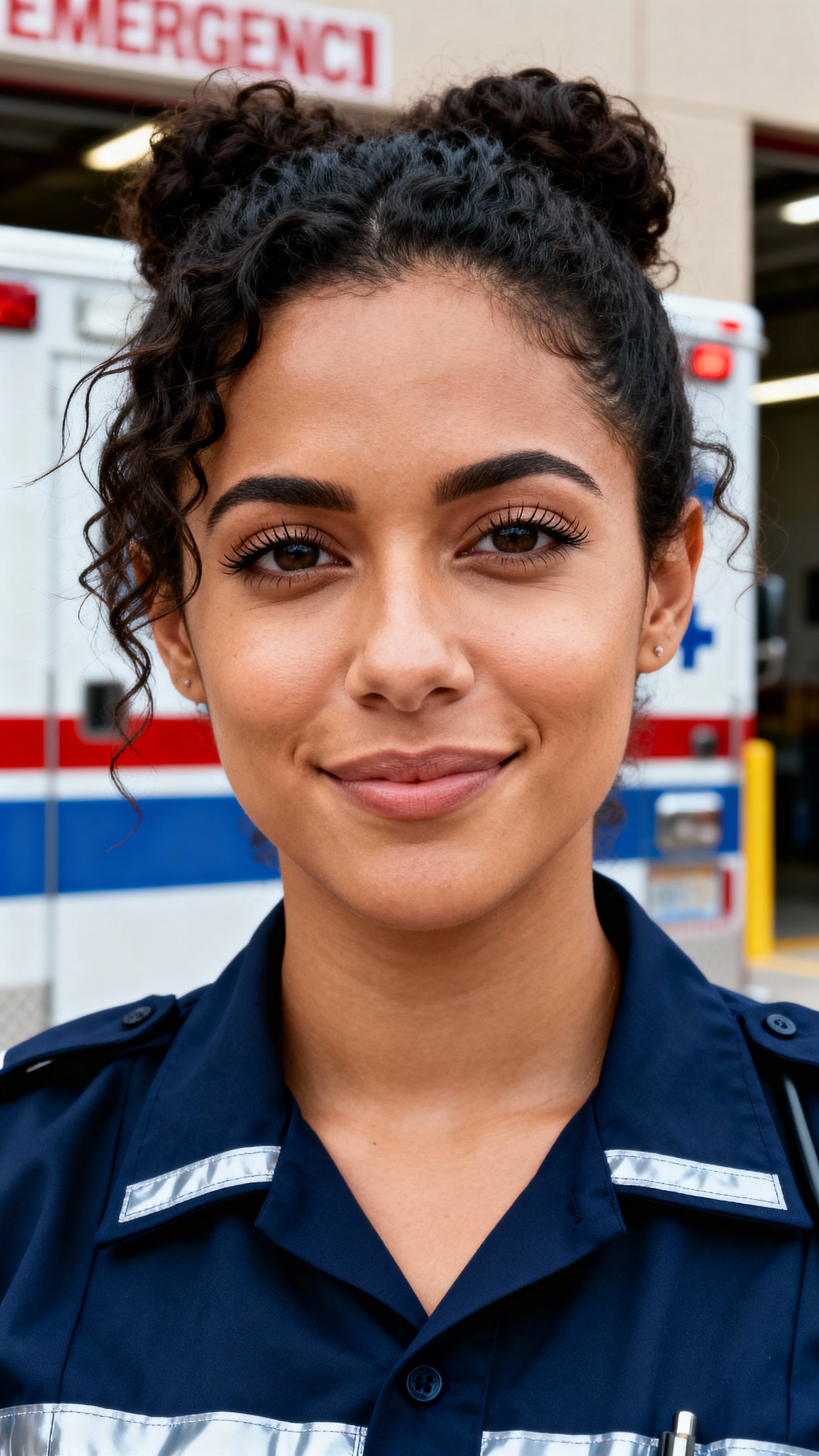 Headshot of Isabella, a Puerto Rican American EMT in a navy duty shirt with silver trim, steady beside a softly blurred red ambulance stripe, warm skin and peach cheeklight.