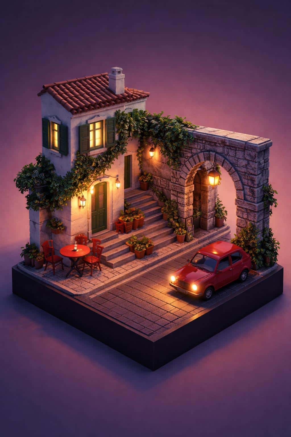 A stylized low-poly isometric diorama of a twilight street scene featuring a vintage red car and a warm cafe setup, perfect for a cozy digital wallpaper.