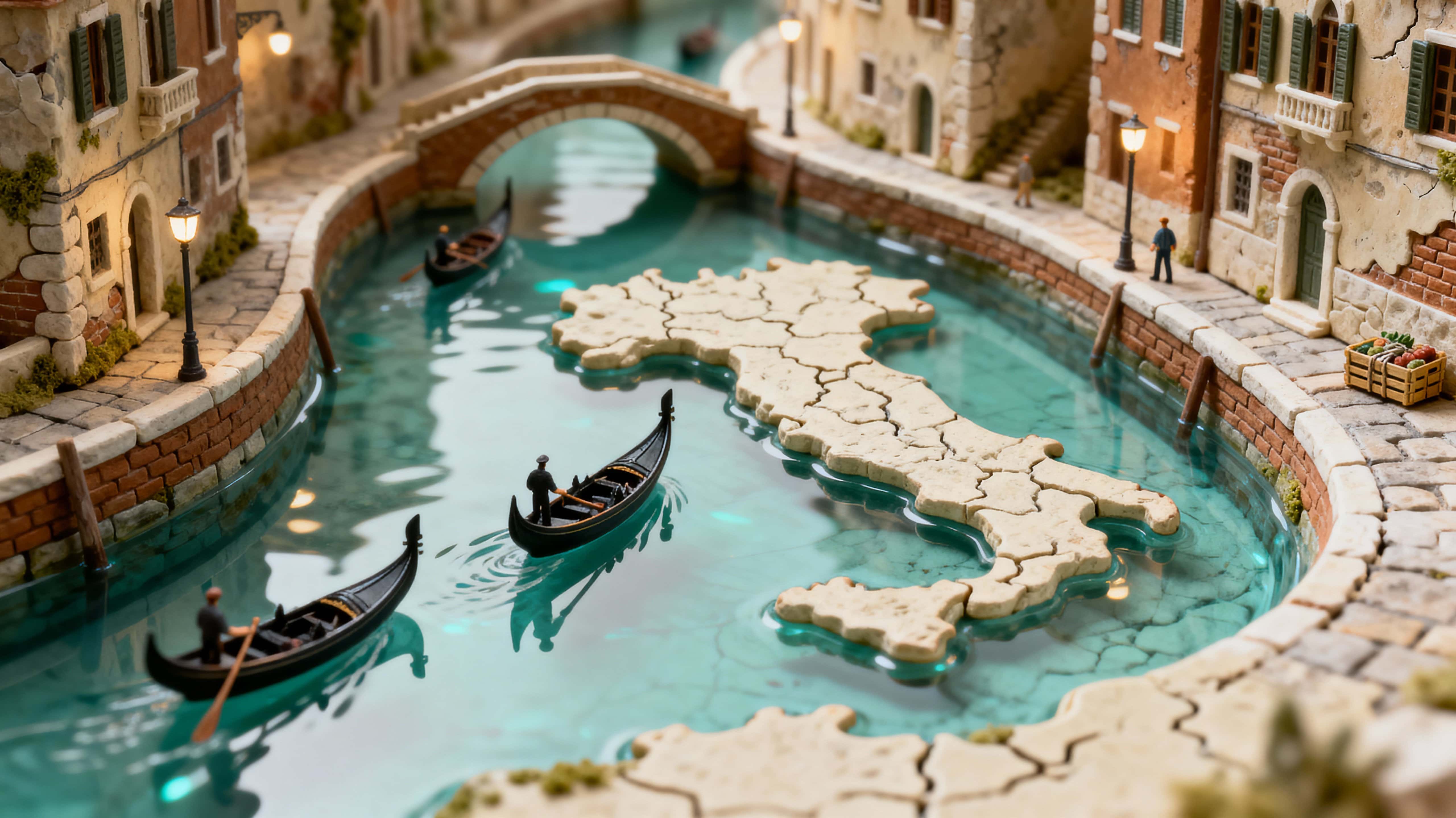 A cutaway of Italy fills with water to become a miniature Venice canal scene, where tiny gondolas glide beneath arched bridges past weathered stone houses and lamp-lit reflections.