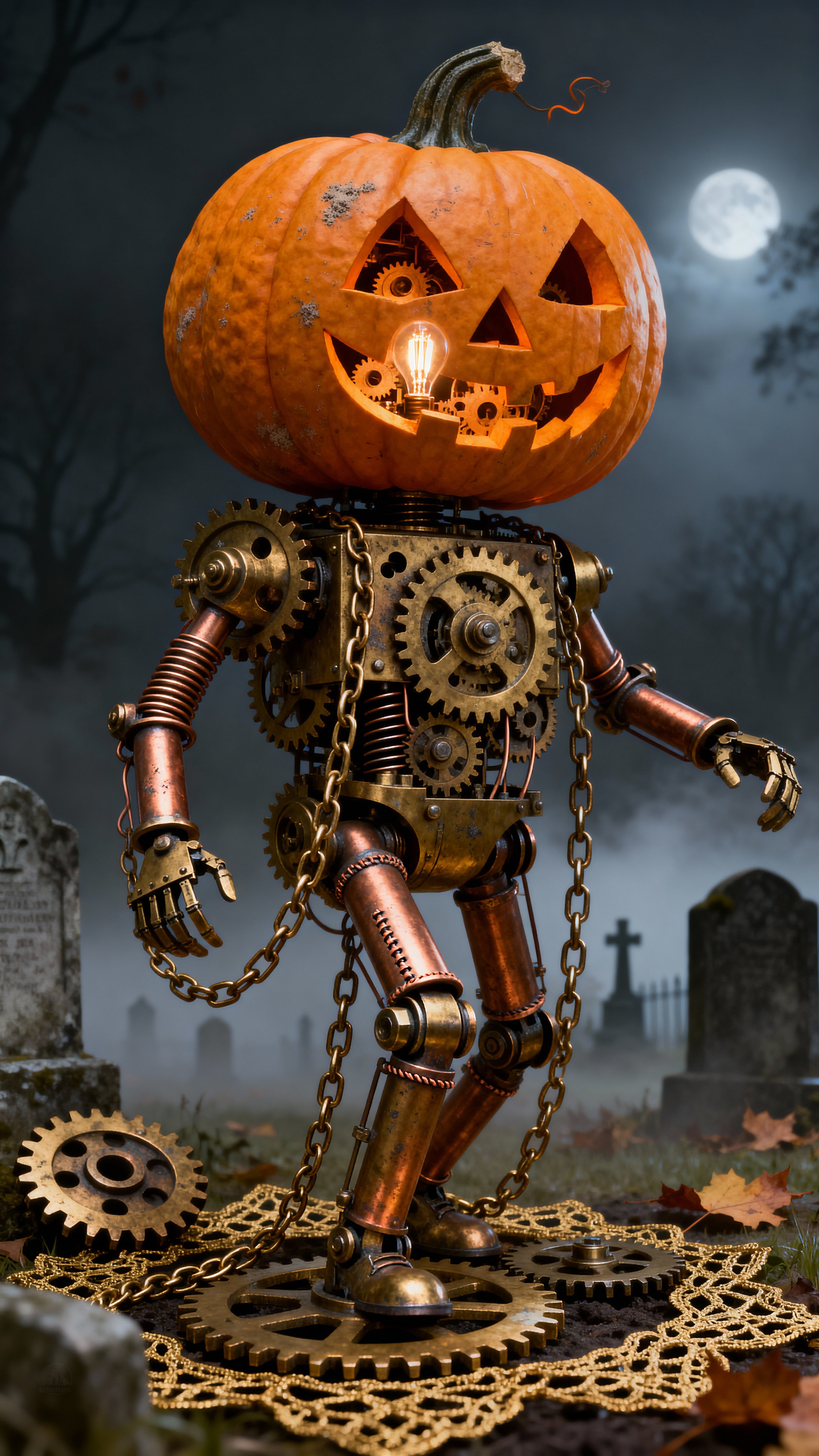 An intricate steampunk jack-o'-lantern in Victorian clothing made from brass gears, springs and copper tubes, seated on golden chain lace in a foggy cemetery at night, warm filament glow and floating dust particles.