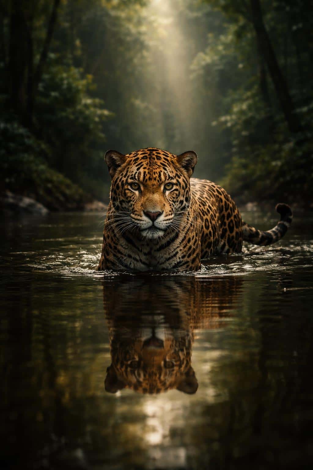 A photorealistic wildlife photograph of a jaguar wading through a rainforest river with soft diffused light and deep reflections, composed for a 2:3 poster-cover format.