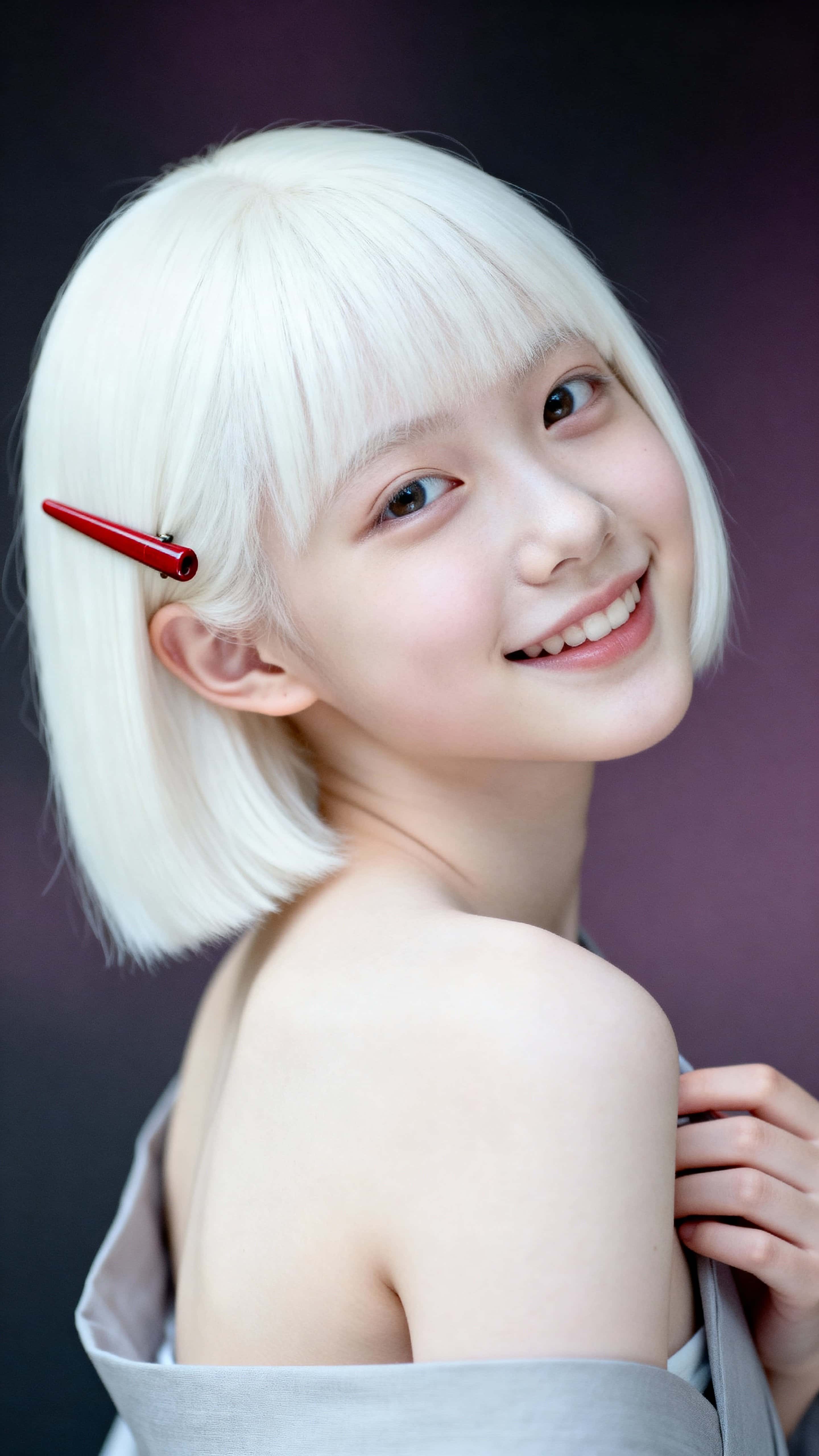 Close 9:16 studio portrait of a Japanese girl with albinism against a soft charcoal-to-plum gradient, straight white bob with a lacquer red hairpin, light grey top, shy warm smile and right hand at her collar.