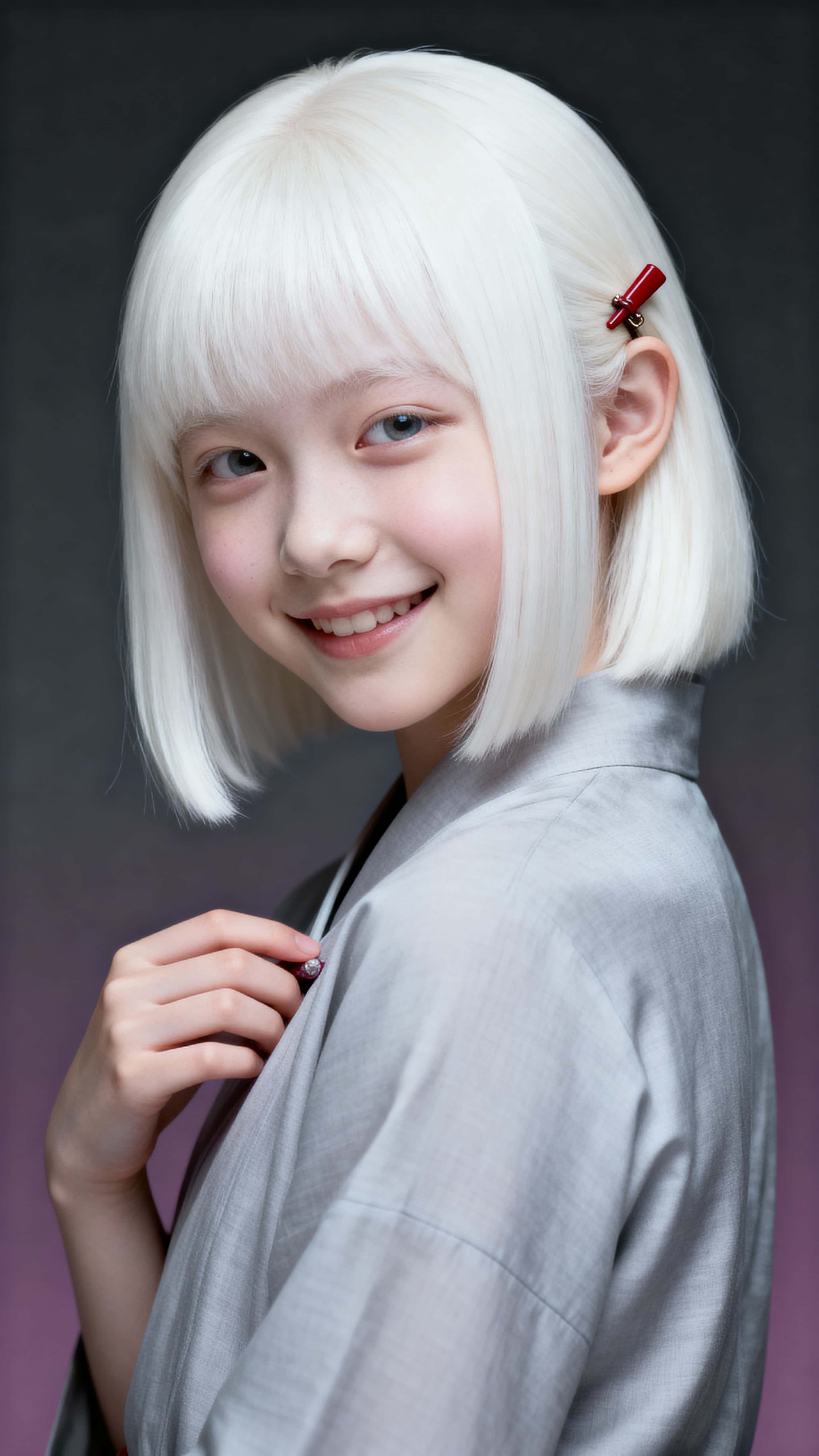 Intimate studio portrait of a Japanese teenage girl with albinism in a close 9:16 frame, soft charcoal to plum background and a lacquer red hairpin accenting a sleek white bob.
