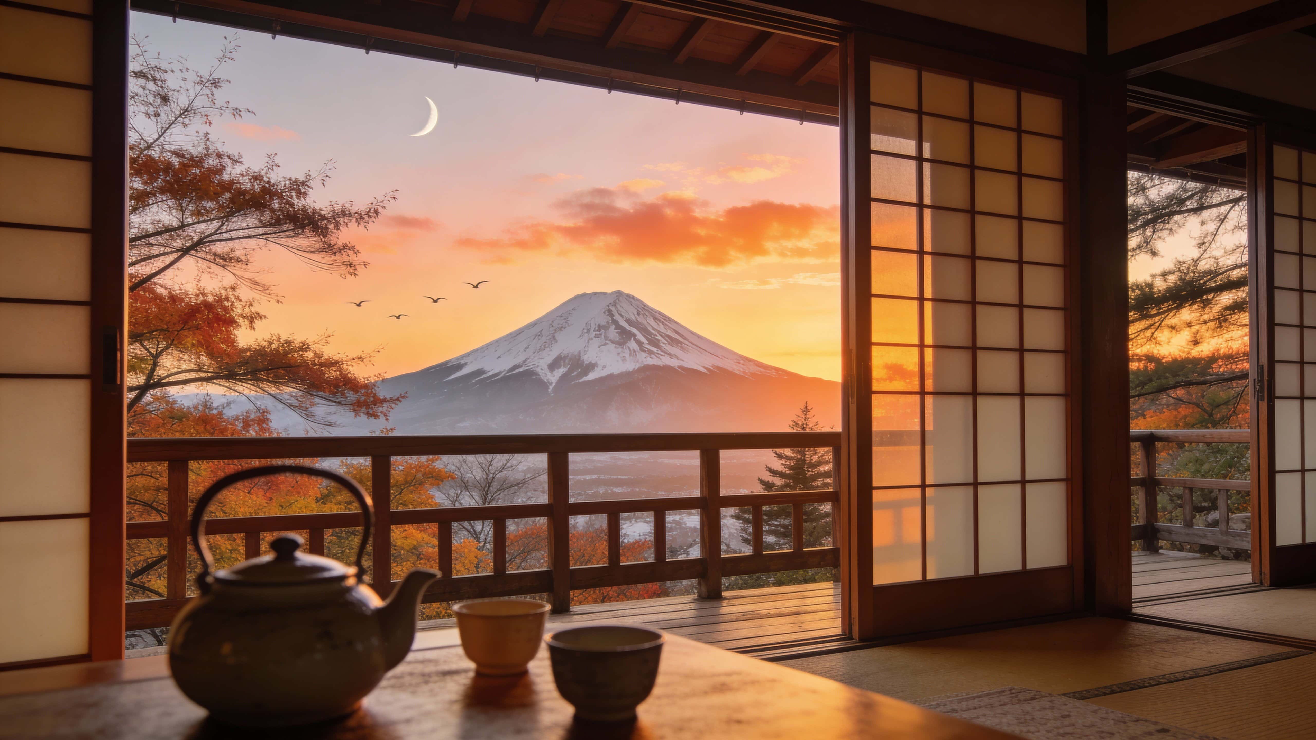 A photorealistic Japanese-style interior with a wide open sliding window and wooden balcony framing a snow-capped mountain at sunset, warm orange-peach sky, autumn trees, distant birds, and a table with ceramic kettle and cups.