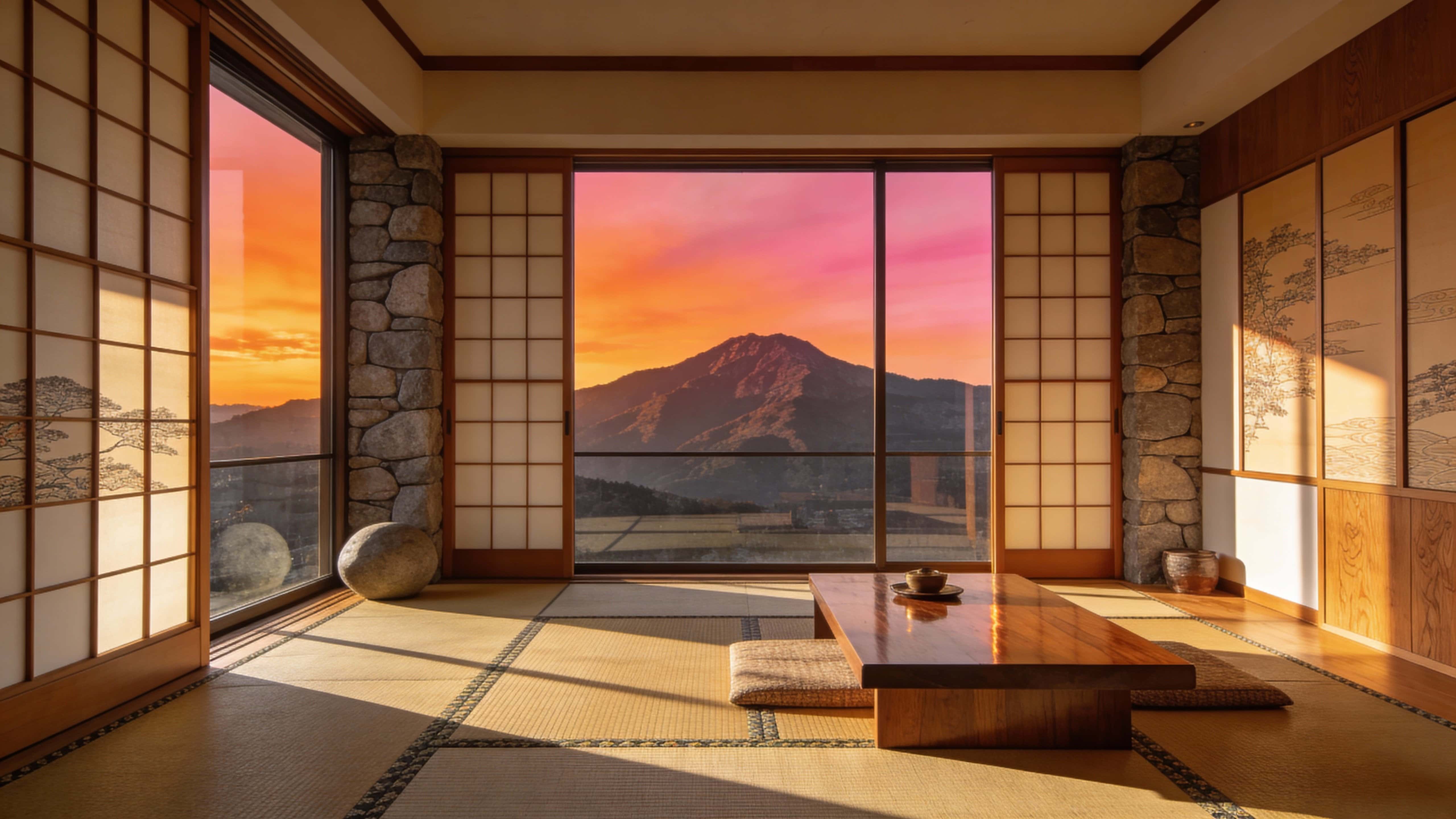 Photorealistic minimalist Japanese interior with tatami and shoji opening to a mountain sunset, bathed in warm natural light with premium wood and linen textures and subtle reflections, framed 16:9.