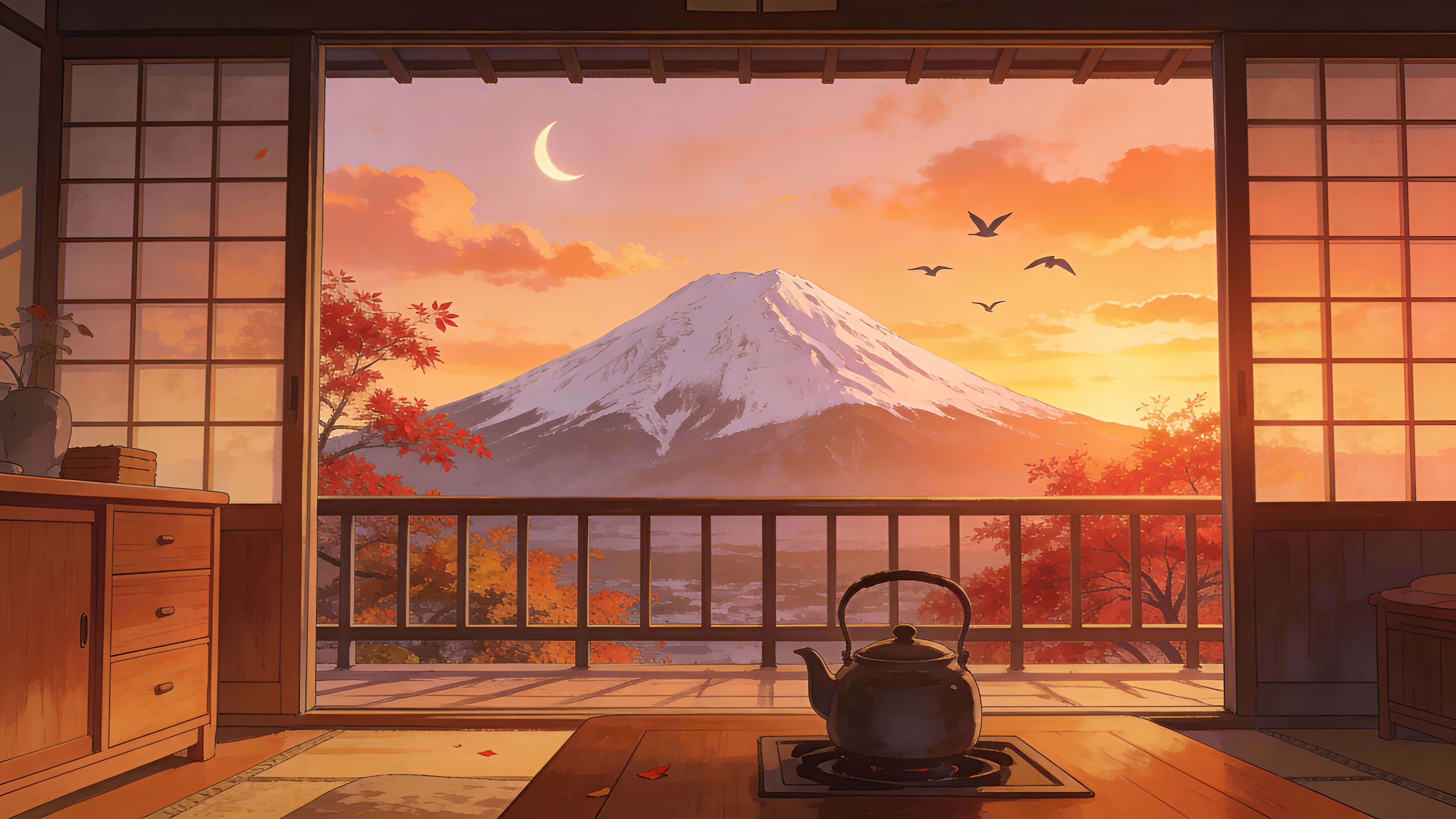 A cozy Japanese-style room opens onto a balcony and window framing a snow-capped mountain at sunset, with warm orange-peach sky, crescent moon, flying birds, and red autumn trees.