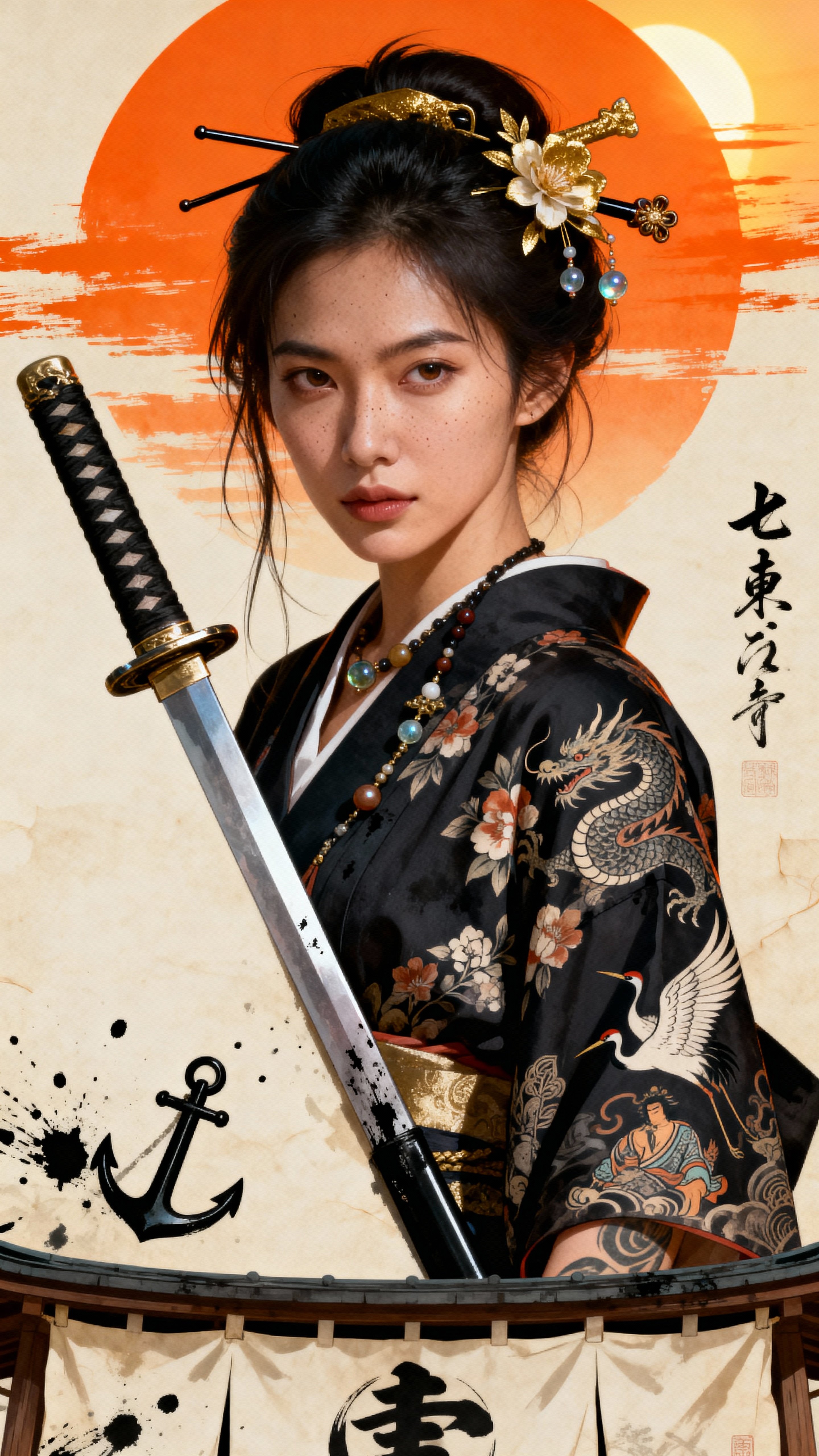 A striking portrait of a Japanese warrior woman holding a katana across her shoulder, blending realistic facial detail with ukiyo-e–inspired illustrative elements and warm tones of orange, gold, and black.