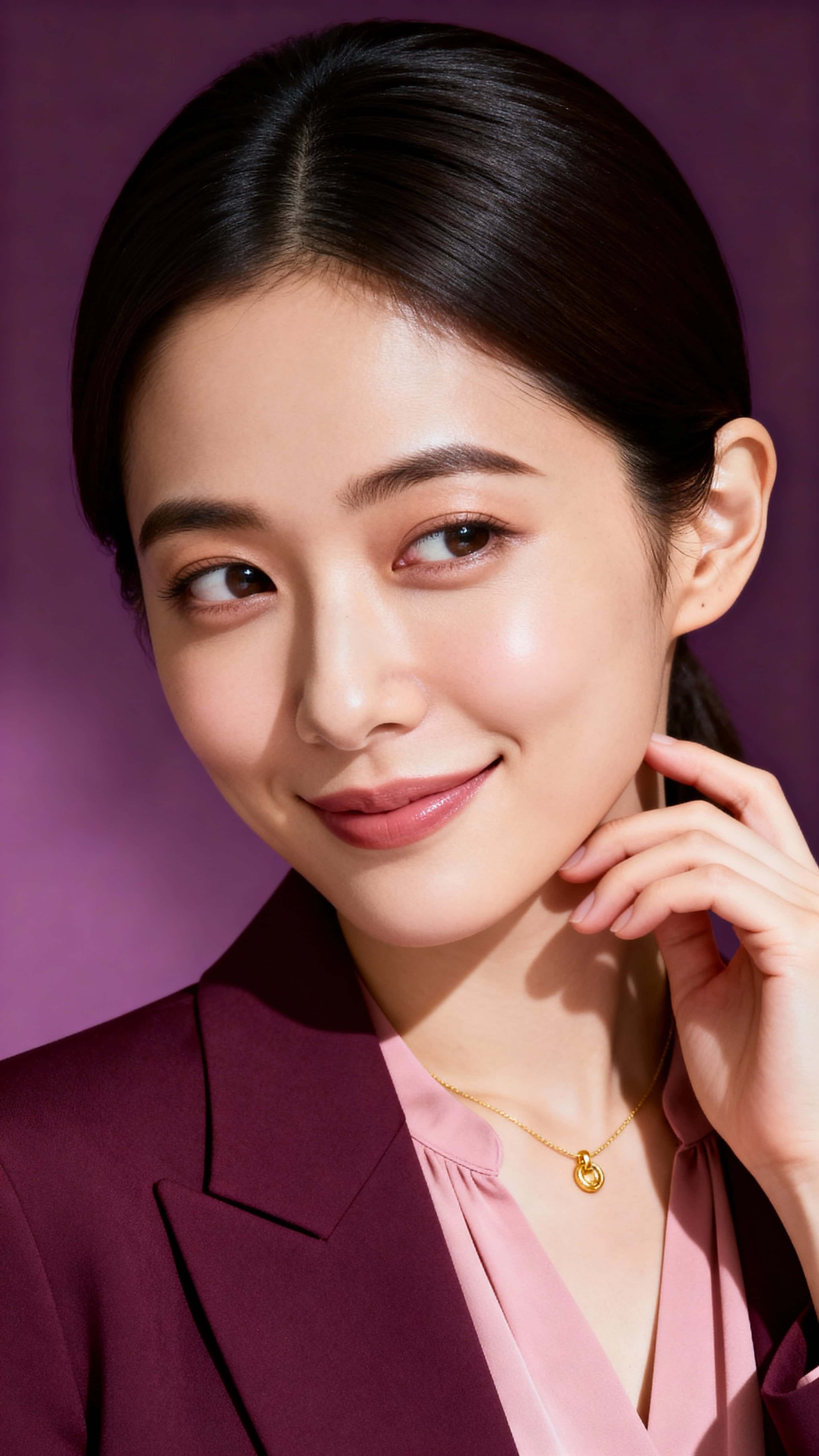 Studio portrait of a 30-year-old Japanese woman turned three-quarters away from camera with a knowing half-smile, blush blouse, plum blazer, gold pendant, hand at jaw against aubergine backdrop.
