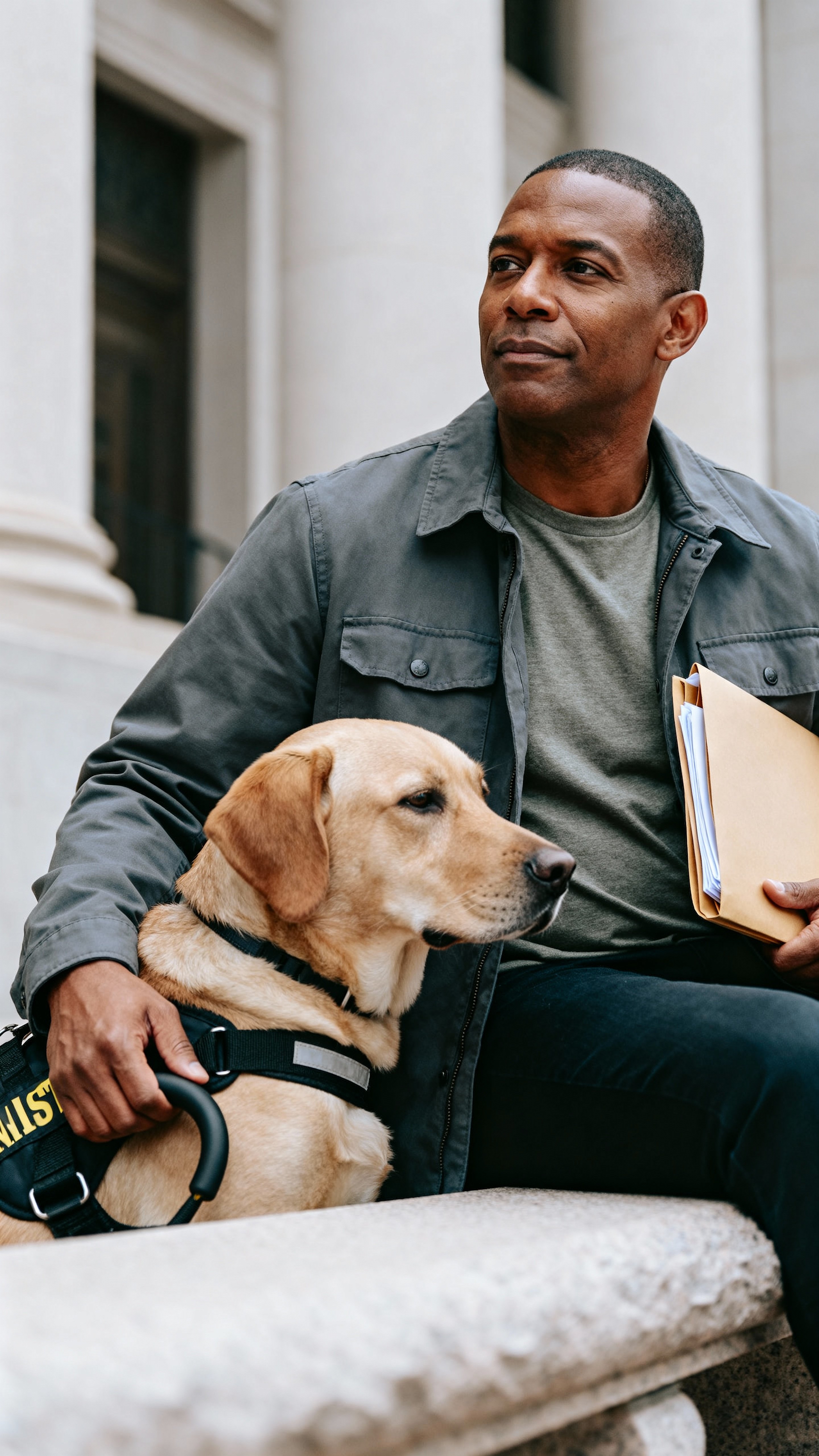 Jared, a Black American Army veteran in his early 40s, rests a hand on his calm service dog harness outside a civic building with a slate blue-gray jacket, heather gray tee, warm stone bench foreground blur, off-white column background, and
