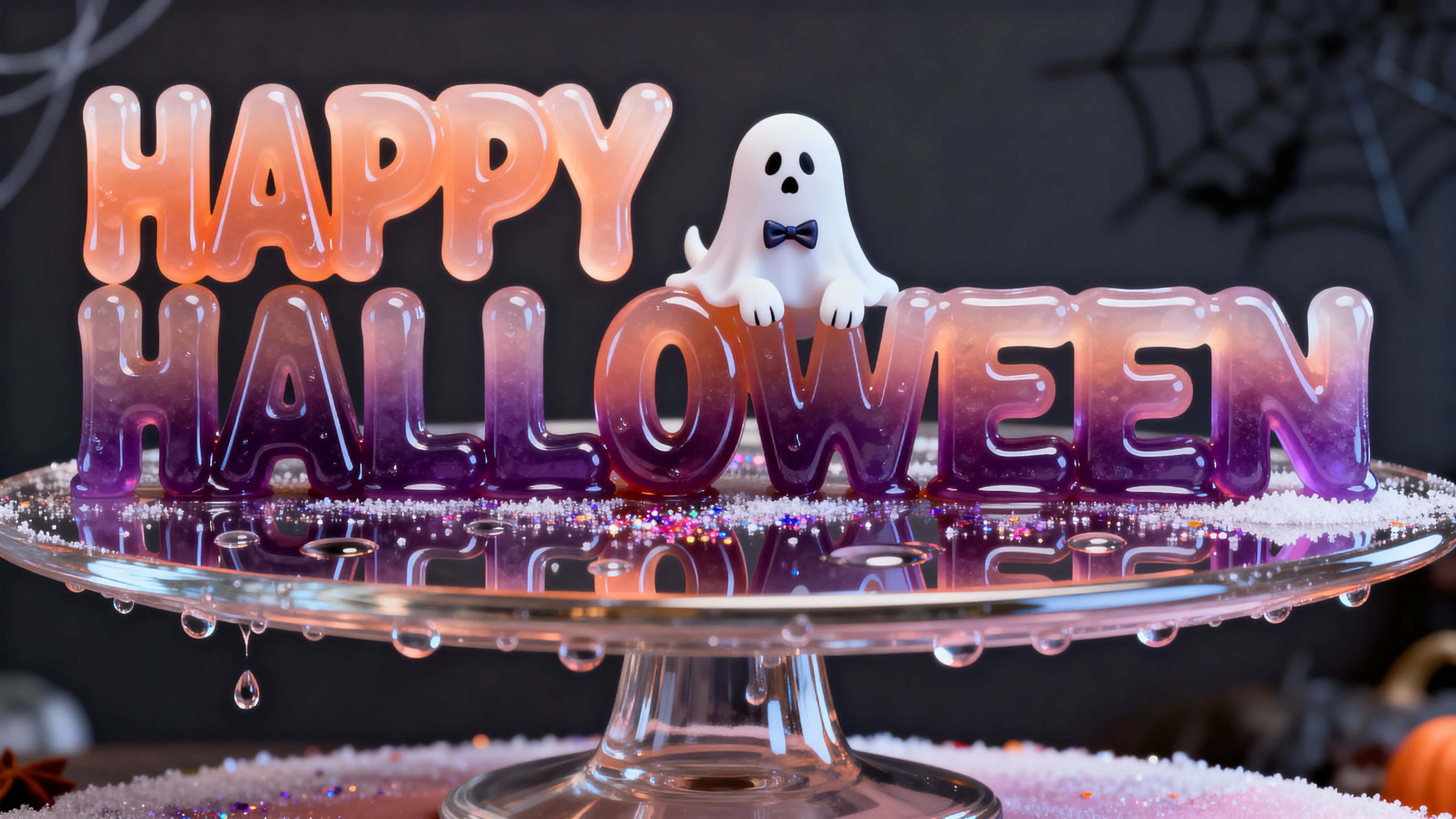 Full-frame 16:9 view of glossy jelly letters spelling HAPPY HALLOWEEN in a peach-to-grape gradient (peach #FFB07C → grape #6A2AC1) with lavender highlights (#C19CFF), ghost-white accents and gold sugar glitter, wobbling on a reflective cake