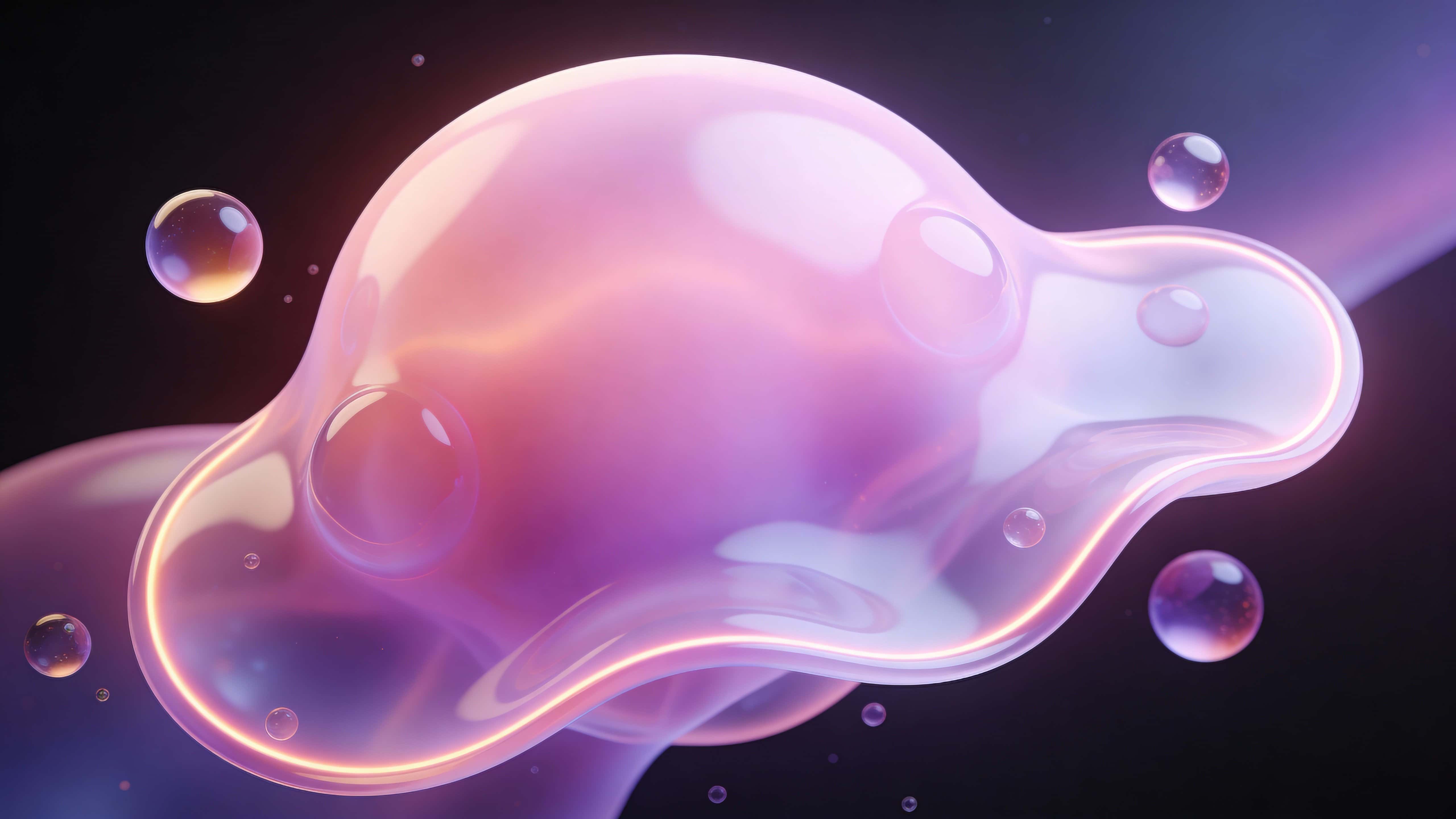 A soft pink and violet jelly-like blob with smooth rounded surfaces and glowing edges, surrounded by floating spheres against a dark studio background.