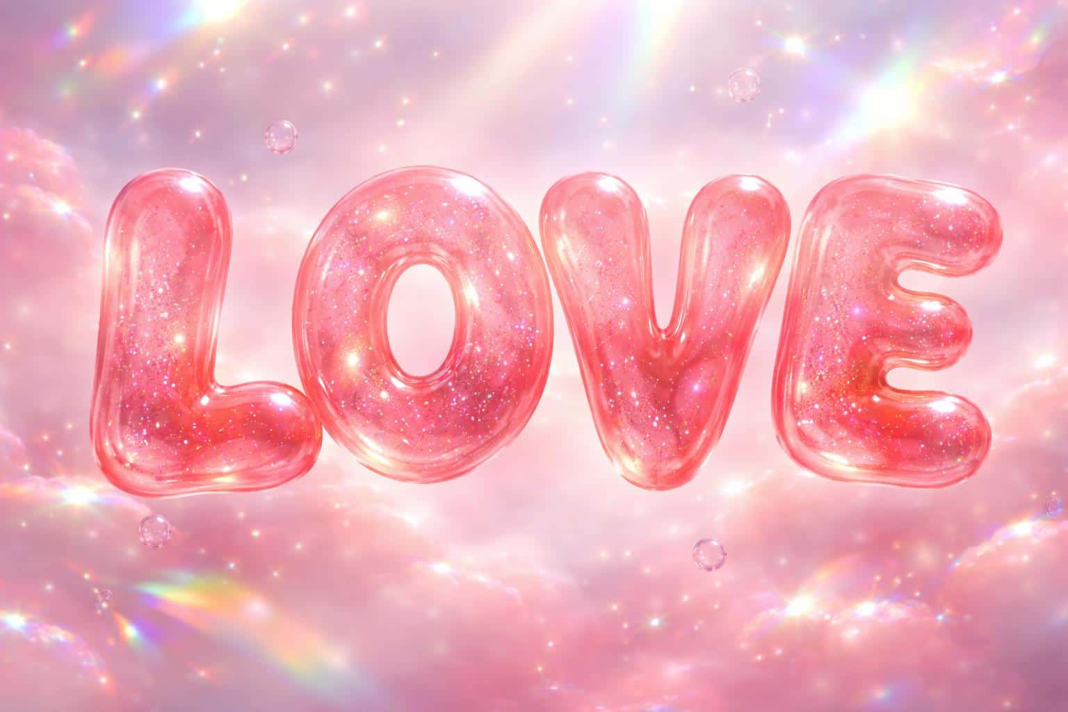 Wide 3:2 surreal 3D scene of translucent strawberry-jelly balloons forming the word LOVE, buoyant and bulbous with holographic glitter and prismatic refractions.