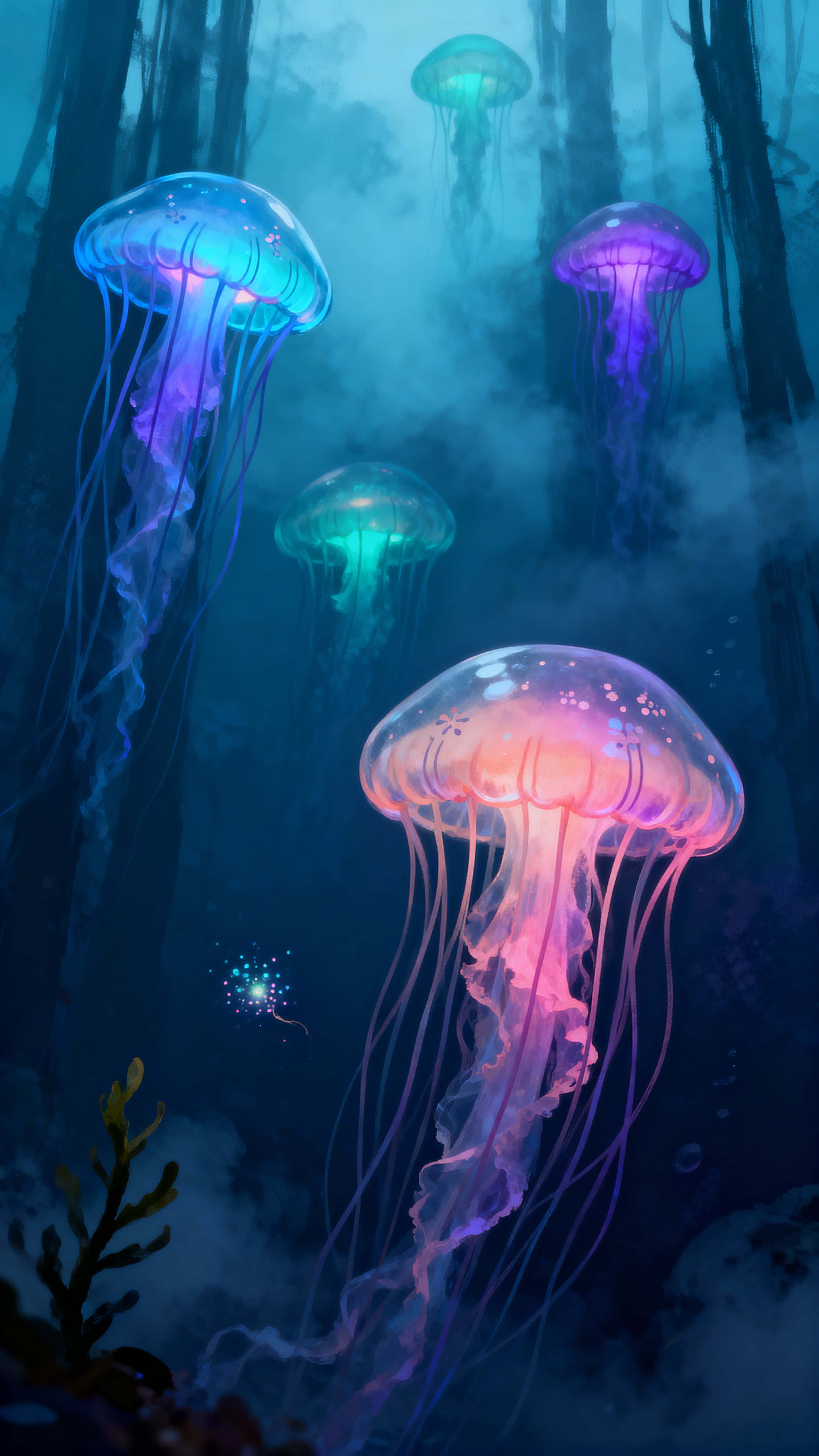 Multiple bioluminescent jellyfish drift through a dark misty ocean in a tall vertical frame, their soft glows creating an immersive, serene, dreamlike concept art scene for illustration and study.