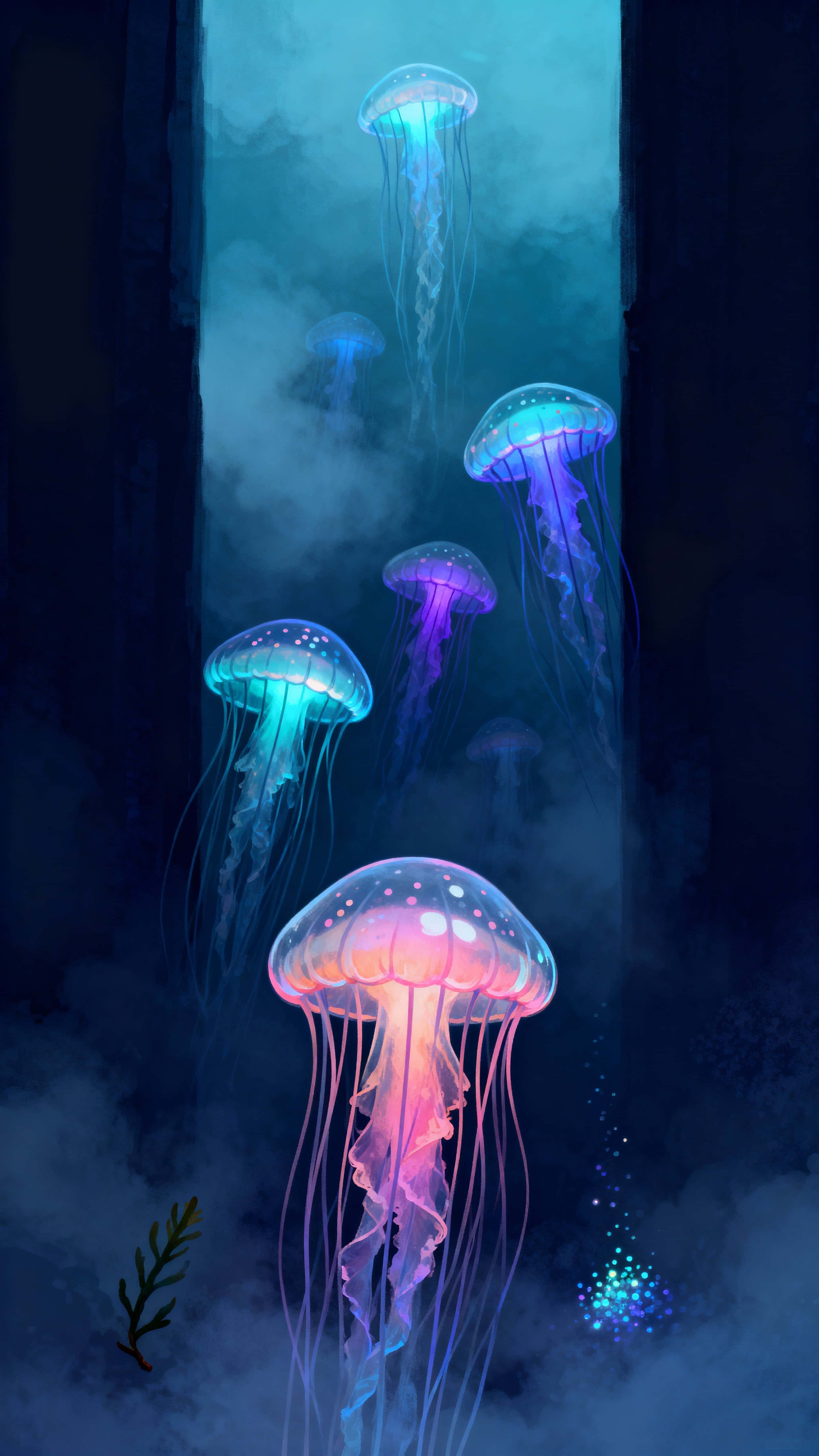 Multiple bioluminescent jellyfish drift through a dark misty ocean in a tall vertical frame, their soft glows creating an immersive, serene, dreamlike concept art scene for illustration and study.