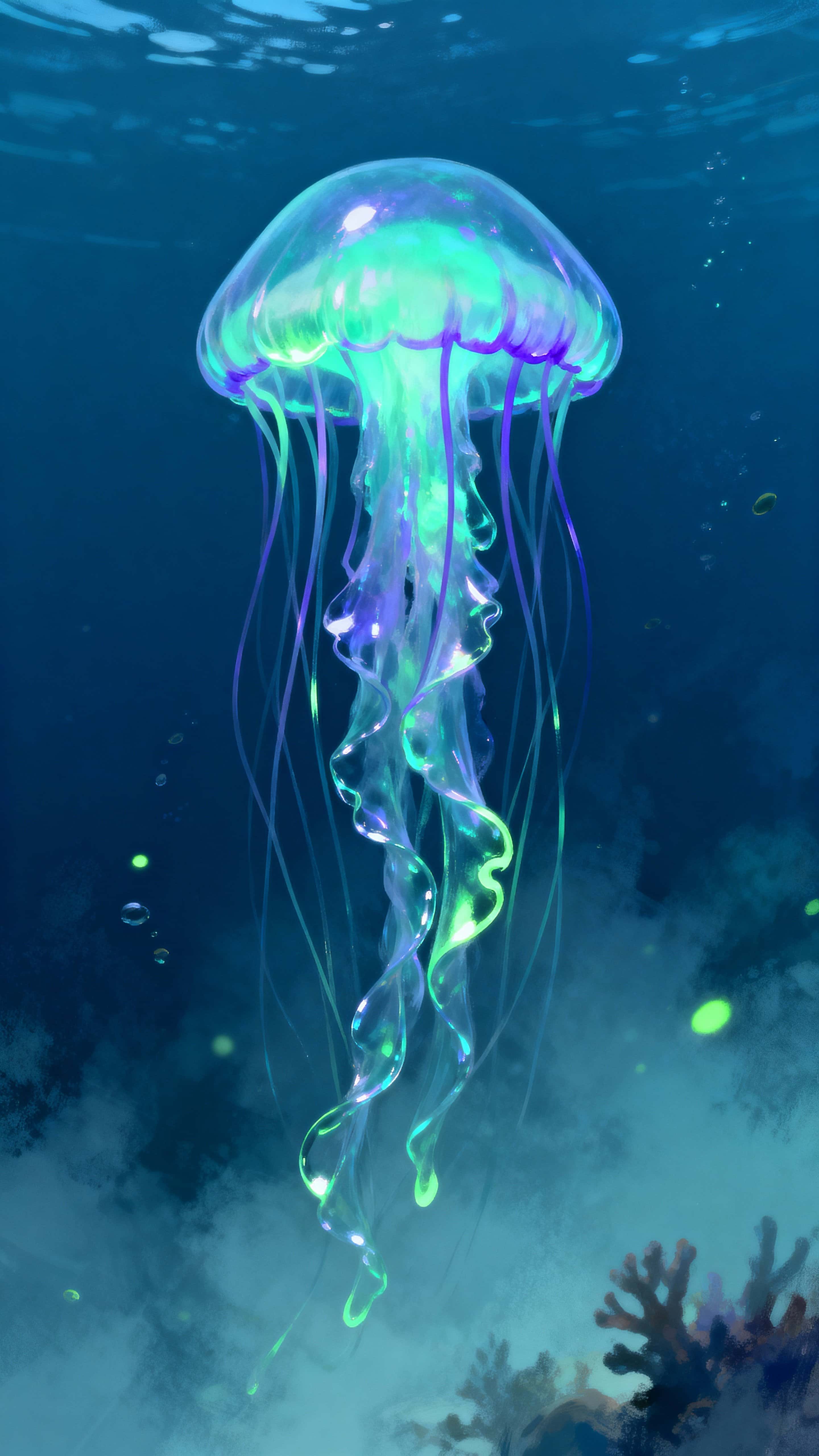 A vertical, immersive scene of a bioluminescent jellyfish drifting in a deep dark sea, rendered with cool glowing tones and a tall 9:16 crop for dramatic mobile presentation.