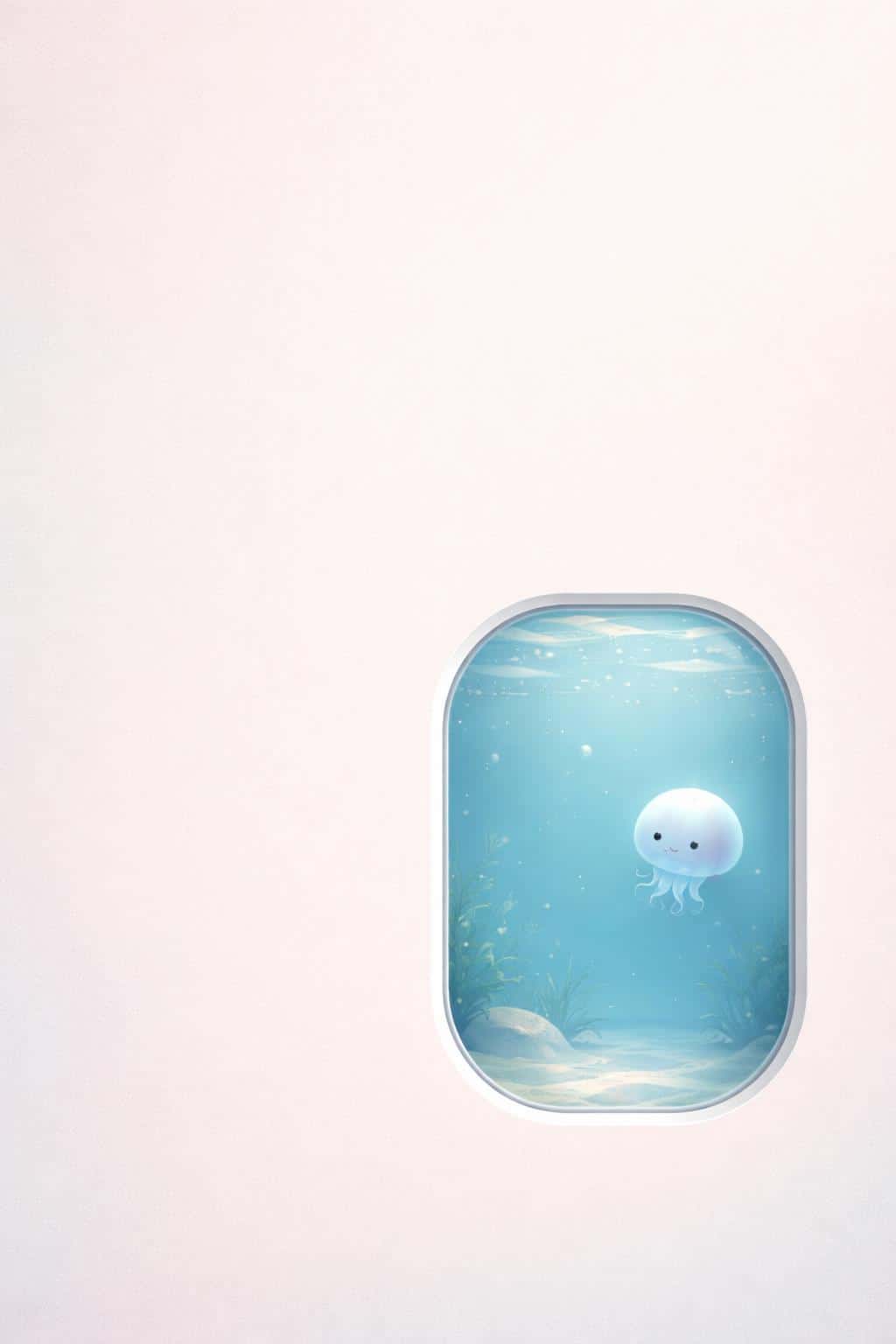 2:3 portrait with a calm pastel gradient and fine grain, a rounded capsule window in the lower-right revealing a tiny aquarium with a softly glowing 3D jellyfish behind glass.