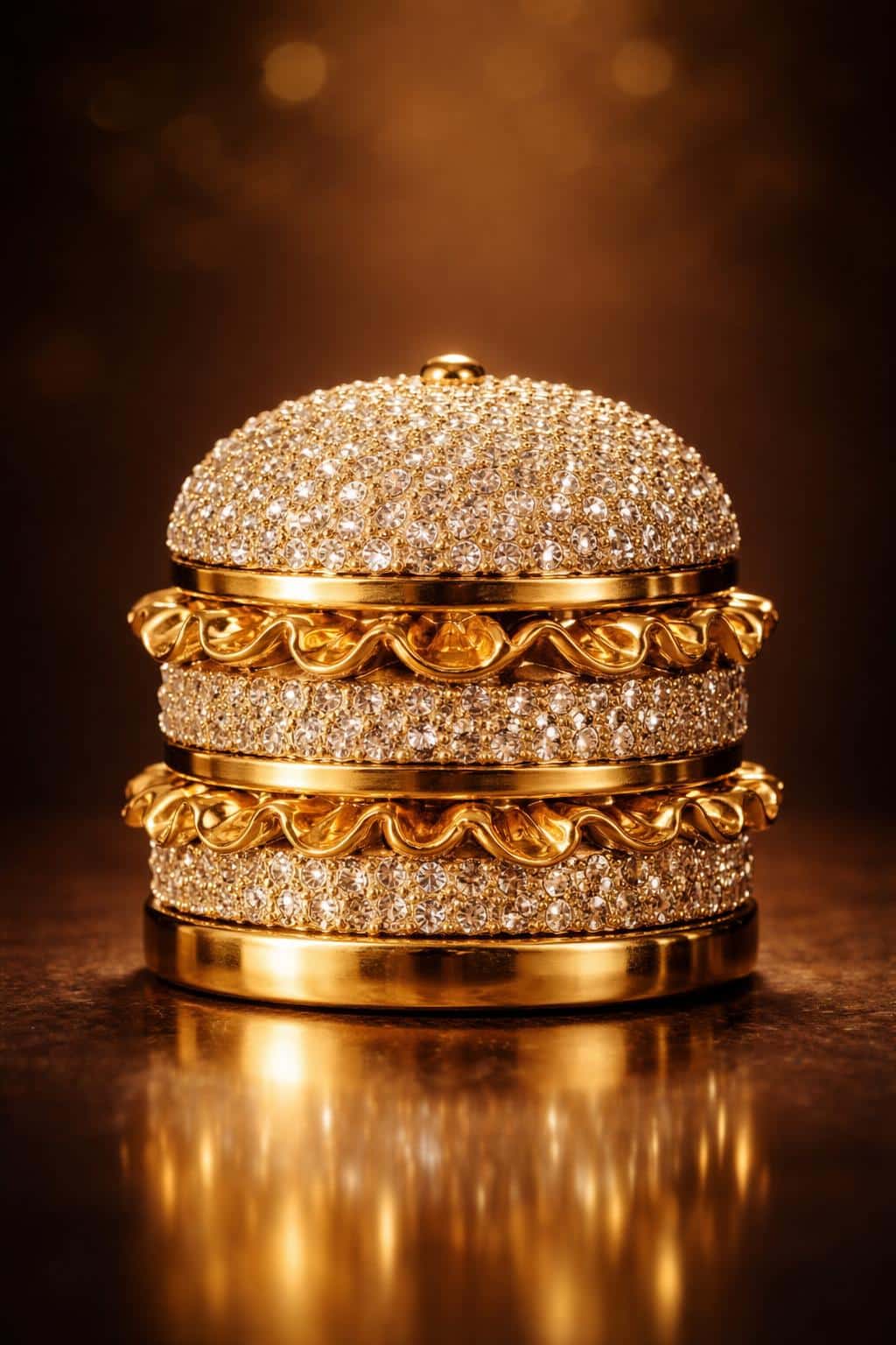 Close-up product photography of a single stacked gold jewel 'burger' with pavé diamonds, warm highlights and shallow depth, cropped for a 2:3 vertical poster-cover composition.