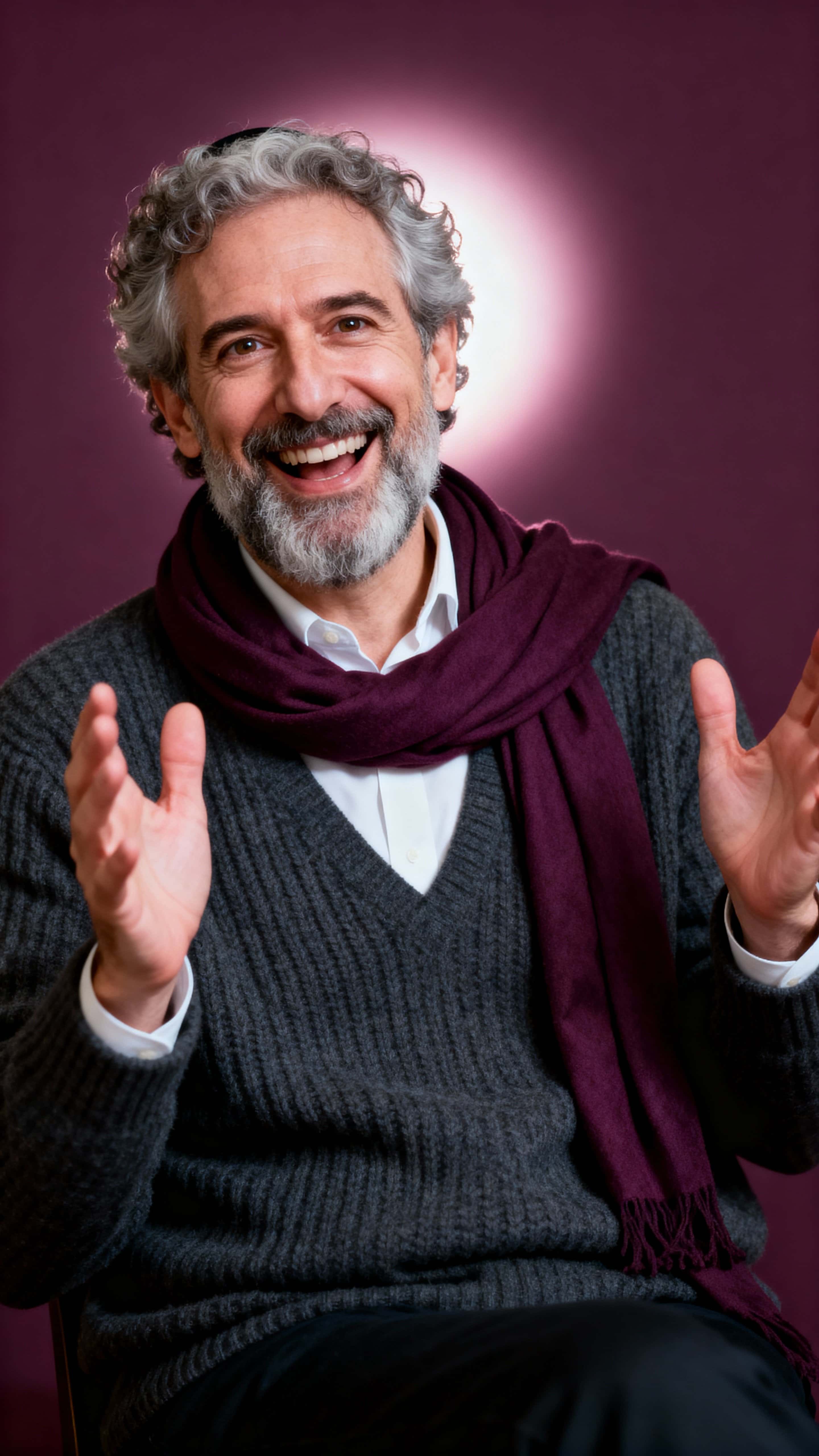 Waist-up studio portrait of a 50-year-old Jewish American man with alabaster skin, graying curls and a salt-and-pepper beard, animatedly gesturing and smiling against a deep plum background.