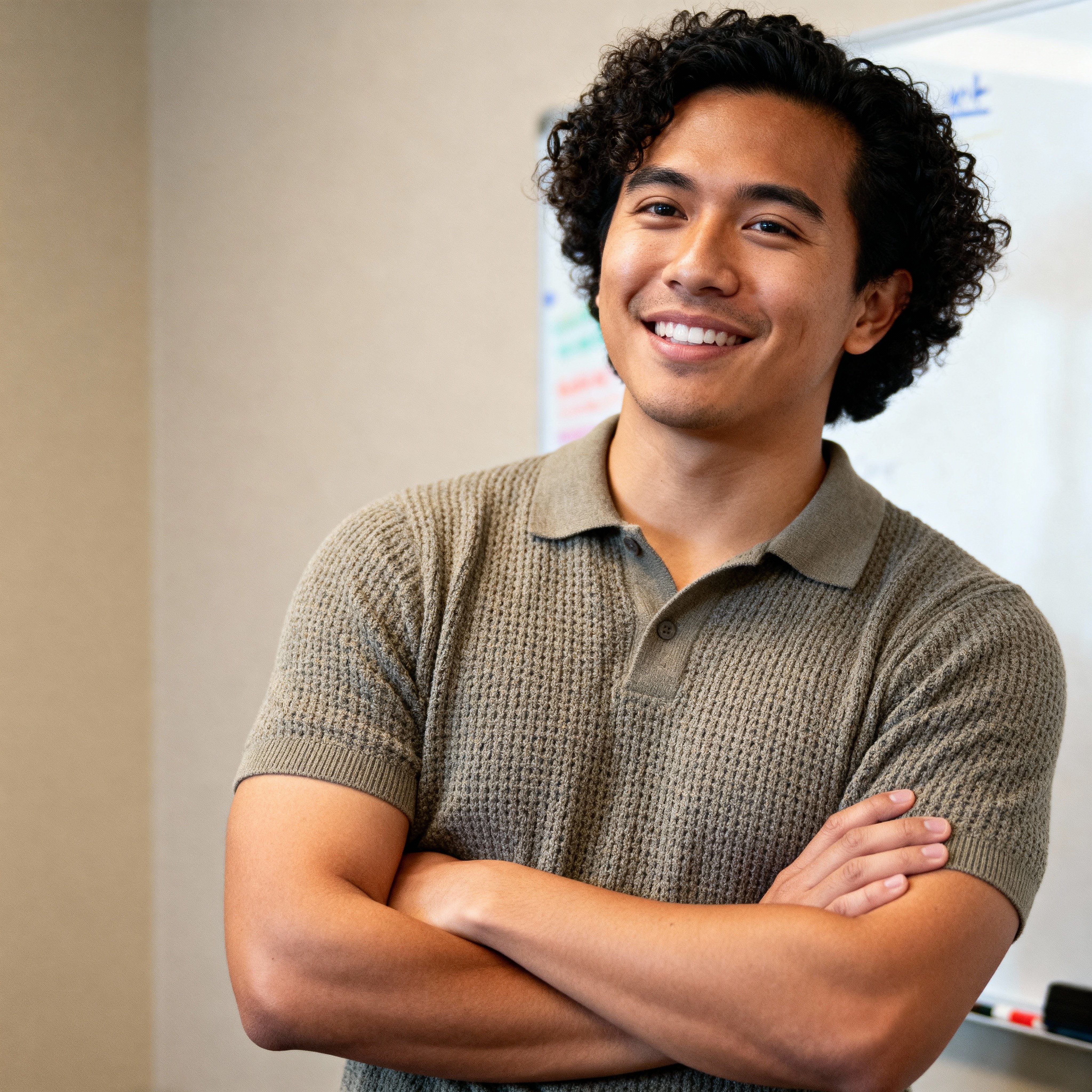 Half-body portrait of Jordan Dela Cruz, 31, Filipino American product manager in a relaxed navy knit polo with tidy curls, arms loosely crossed by a whiteboard mid-sprint; neutral office blur and soft balanced light keep tones clean.