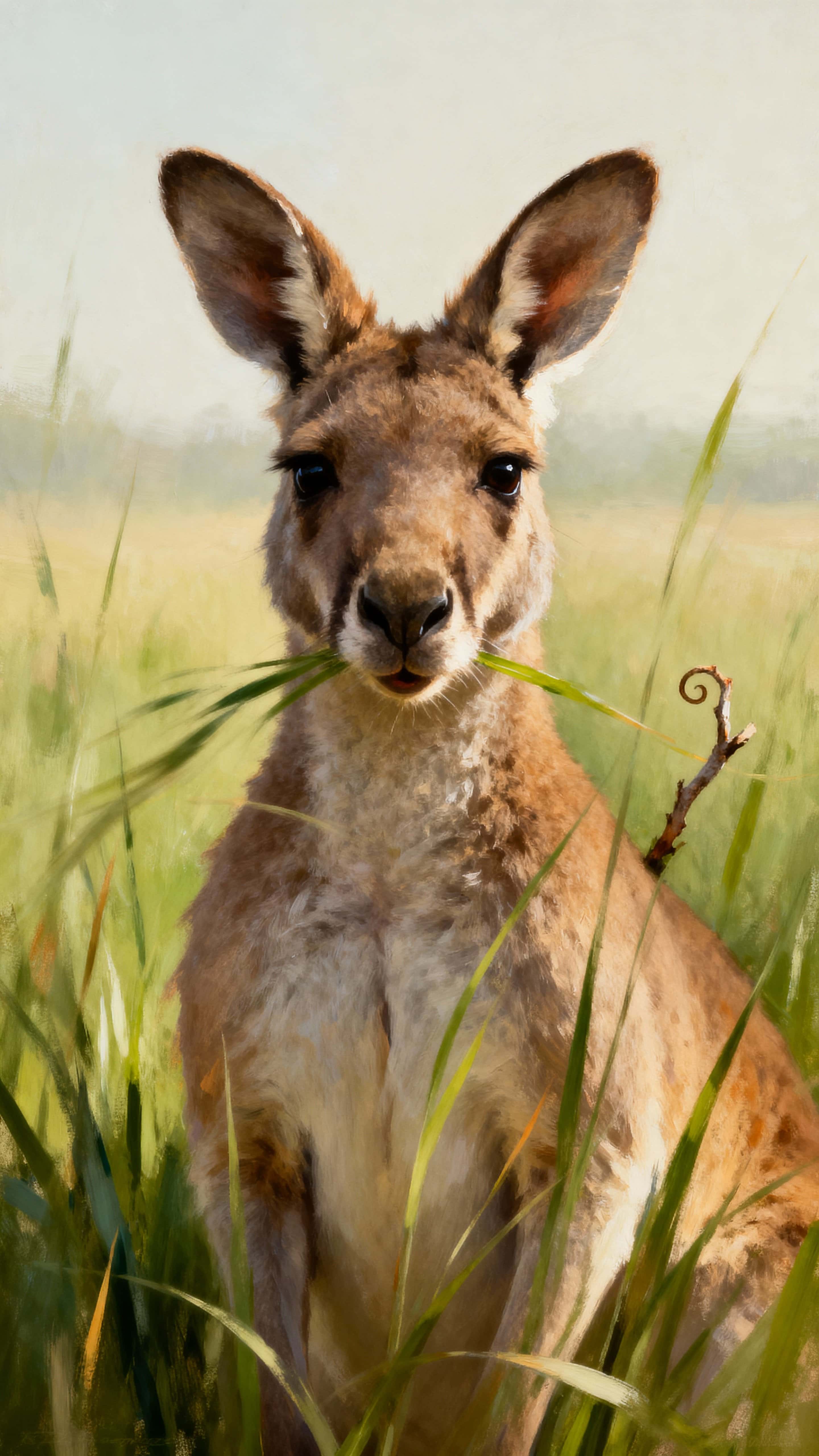 A kangaroo's head and upper chest emerge through tall morning grass with warm green haze and soft highlights on ears, created for a minimal vertical nature wallpaper.