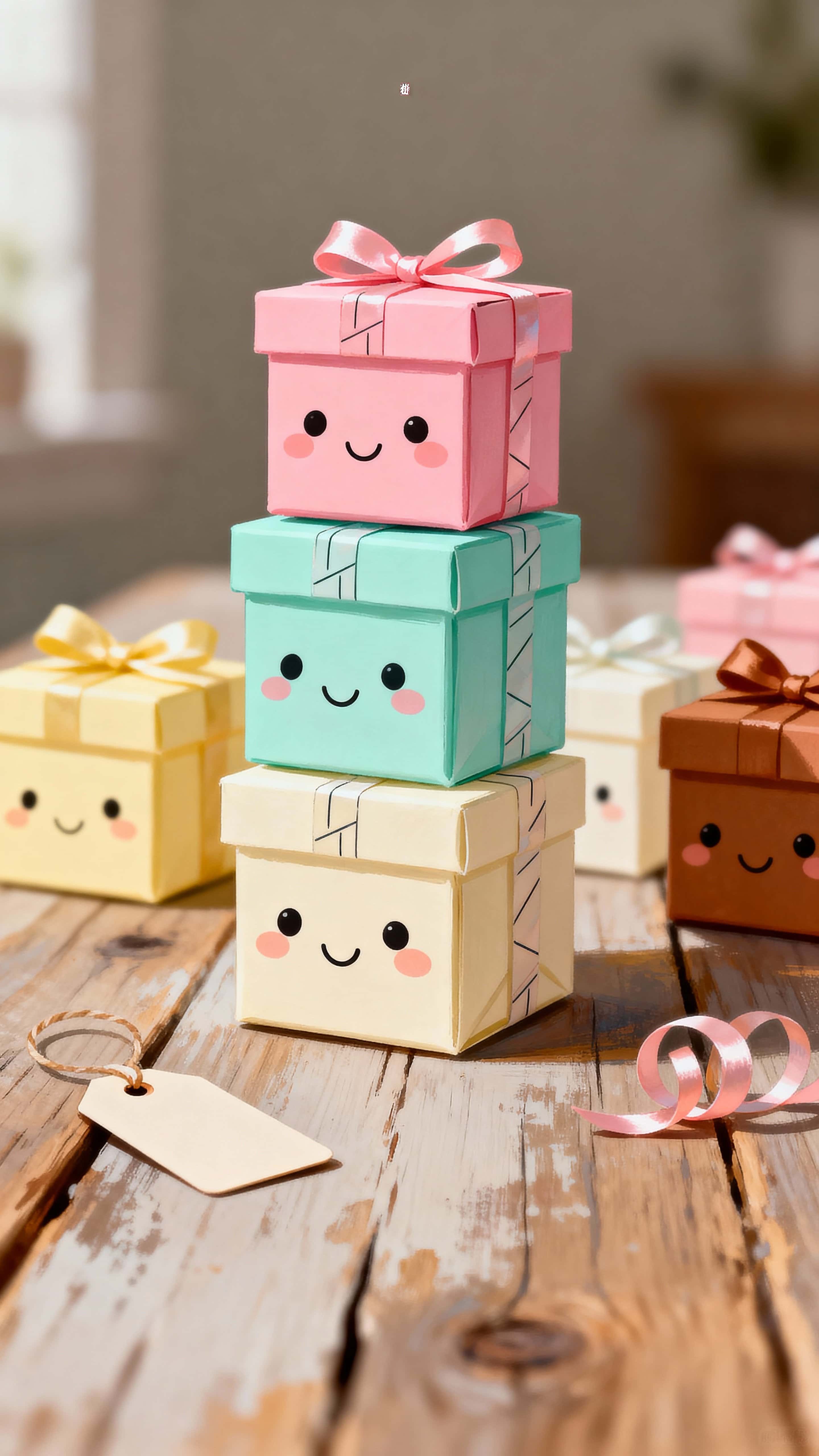 A vertical 9:16 close-up of tiny kawaii gift boxes with cute faces, arranged playfully on a softly lit surface with pastel tones and clean, unlettered packaging for a sweet, cheerful mood.