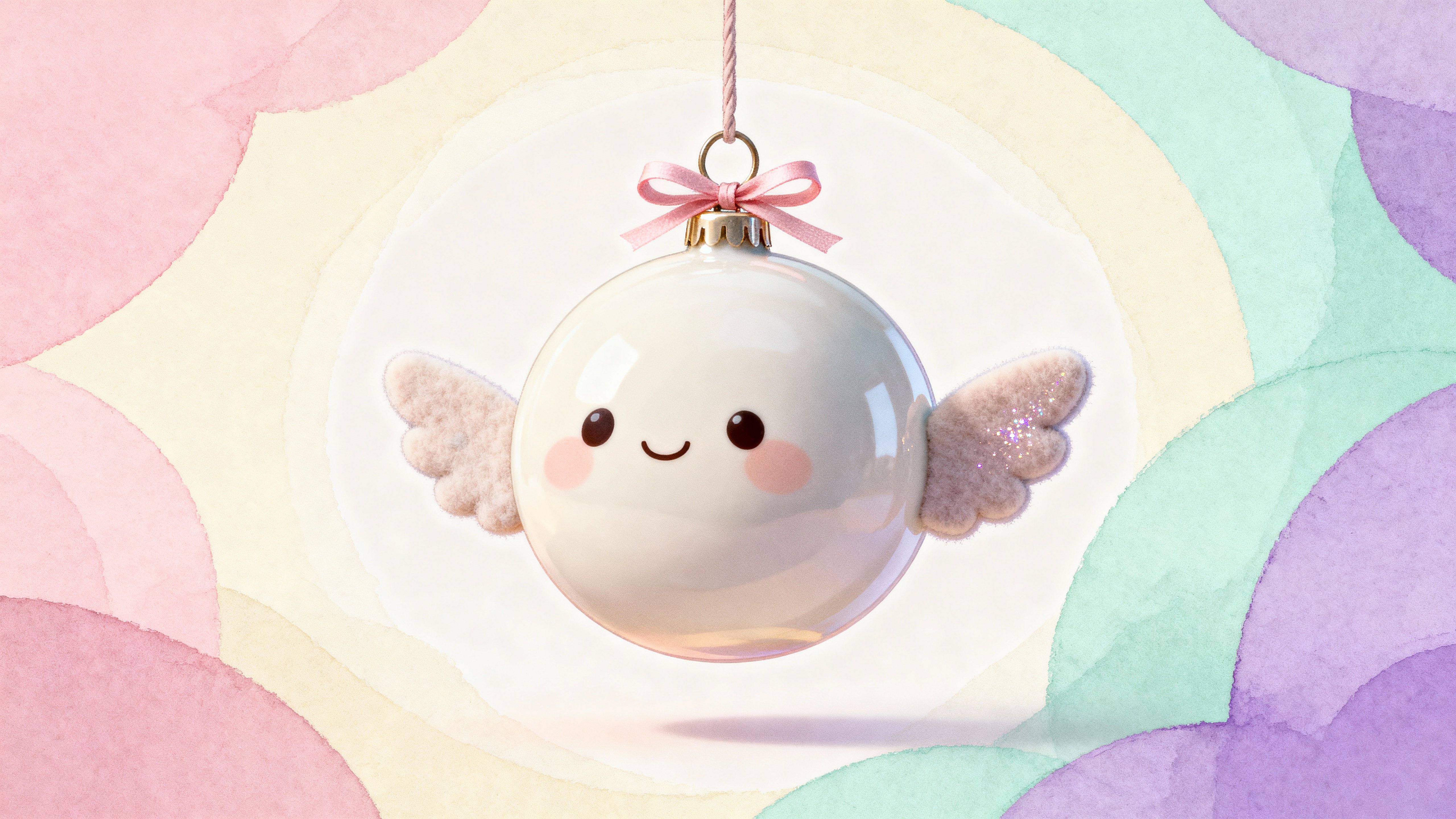 A kawaii-style ornament with tiny wings is centered in a 16:9 frame, rendered as a sweet digital illustration with soft pastel tones, clear focal separation, and clean surrounding space for product or hero use.