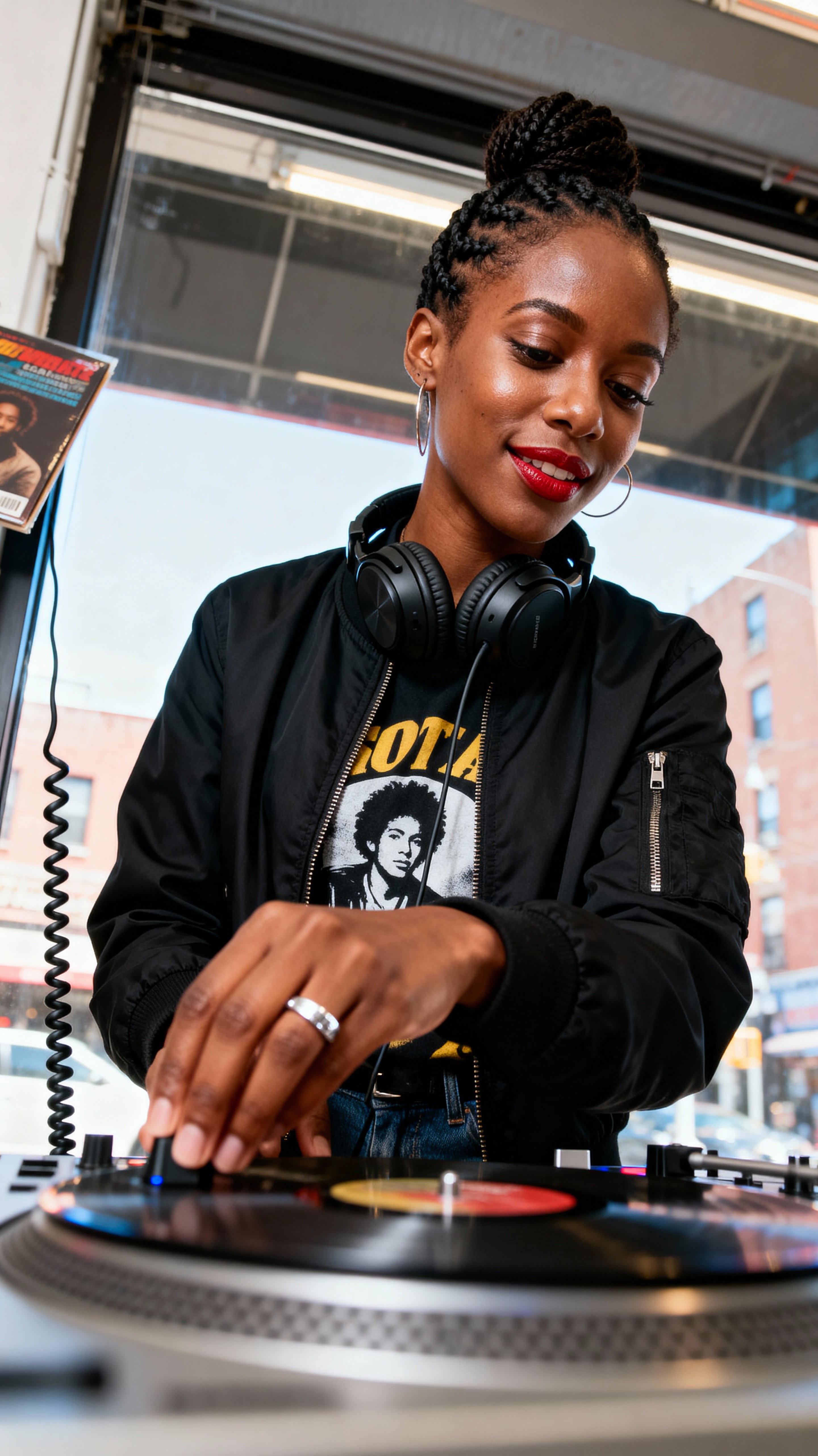 Half-body portrait of Keisha, a Jamaican-American DJ in Brooklyn cueing a track by a storefront window with deep-brown skin, black bomber, silver ring, red tee accent and a teal city hint.