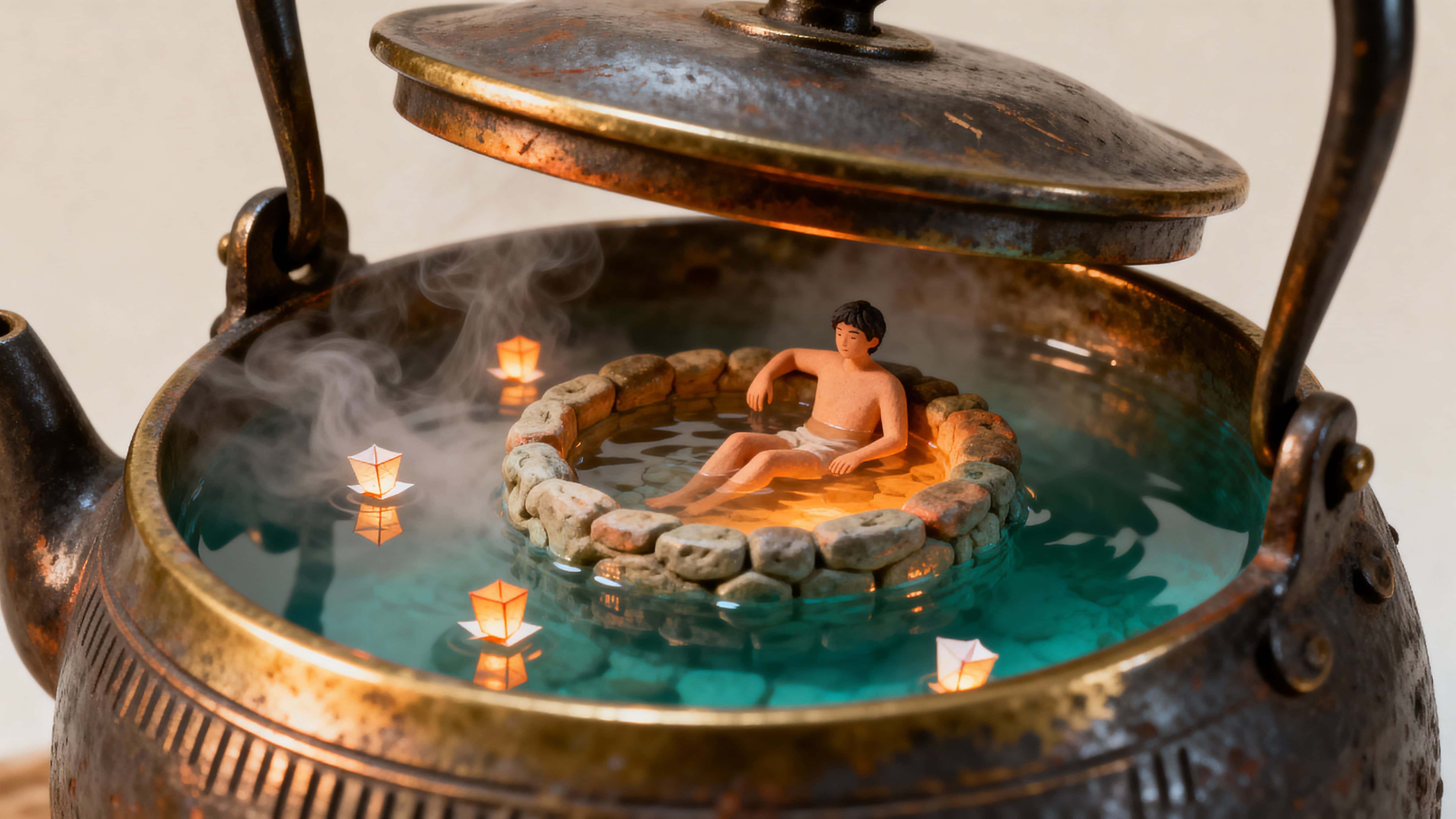 A small kettle's lid opens to reveal a carved miniature hot spring in the metal basin, where a tiny figure soaks while paper lanterns drift through warm, curling steam around them.
