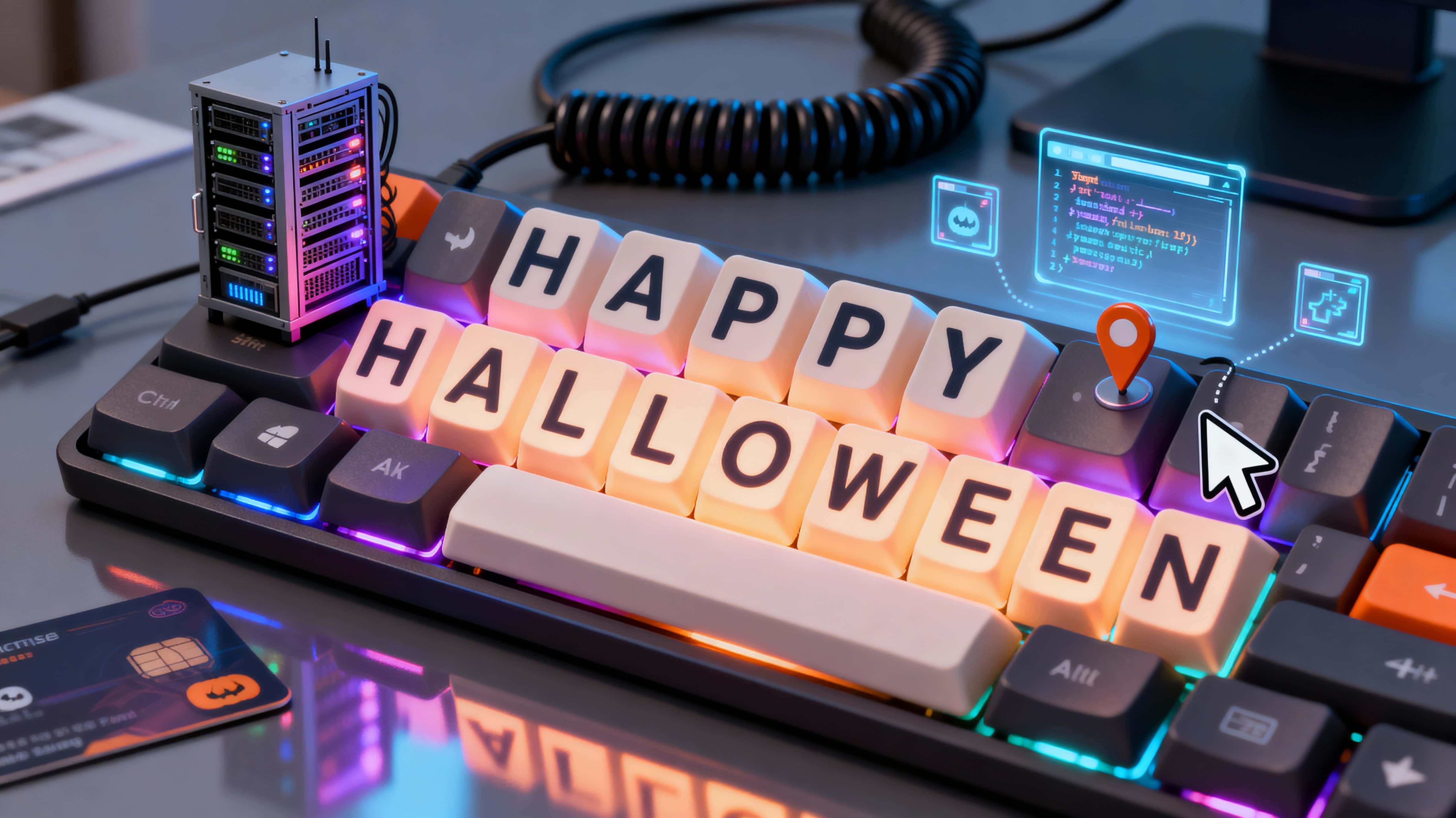 Full-frame 16:9 3D photo-quality render of “HAPPY HALLOWEEN” spelled with low-profile keycaps on a matte desk; soft legends #9be7ff, underglow #1f8cff, warm pin accents #ffd166, tiny server rack, coiled cable, hologram tiles visible.