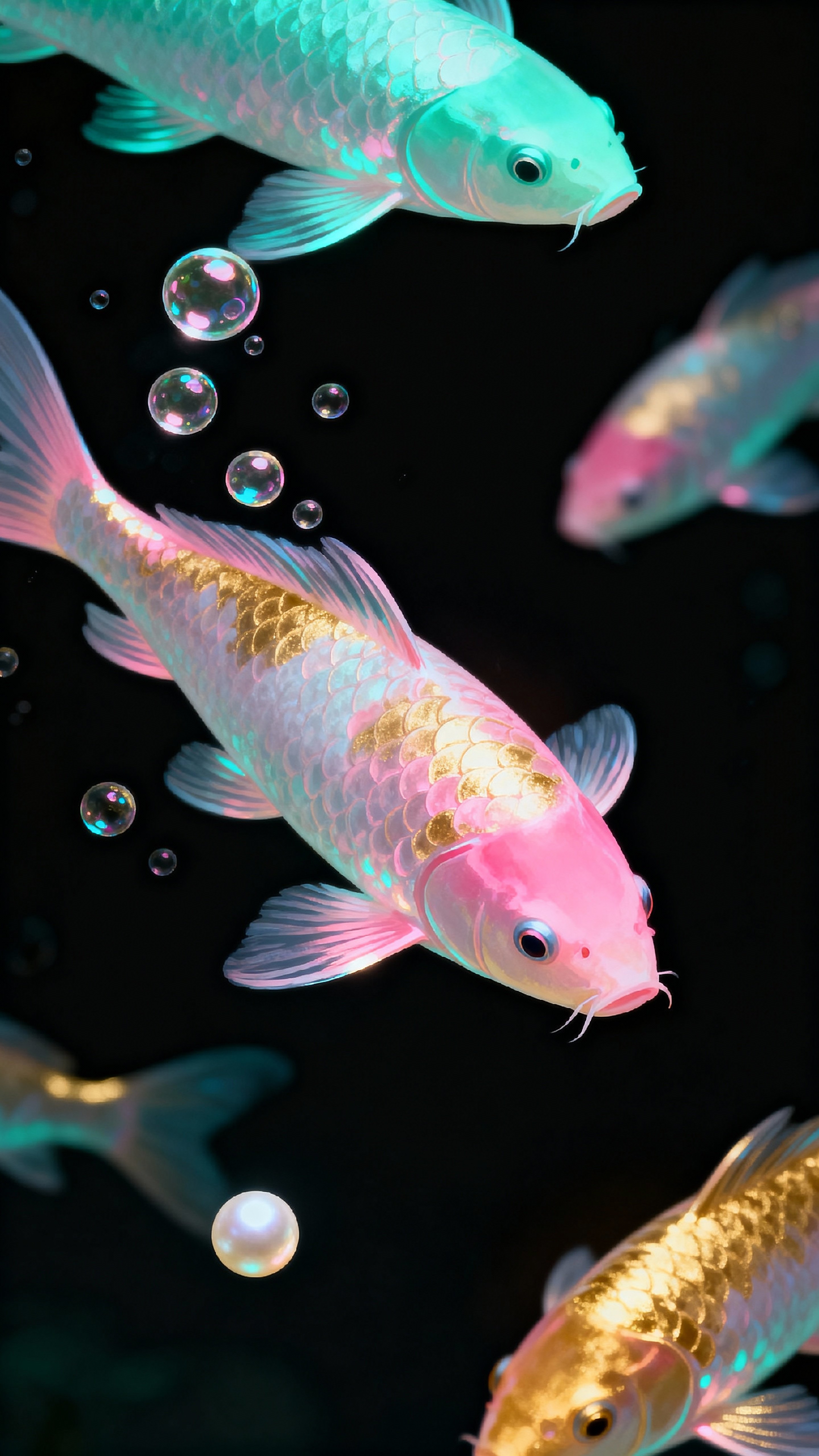 Bioluminescent koi drift through zero gravity inside a dark, bubble-filled void, their luminous scales tracing slow arcs and emitting soft color against a deep space backdrop.